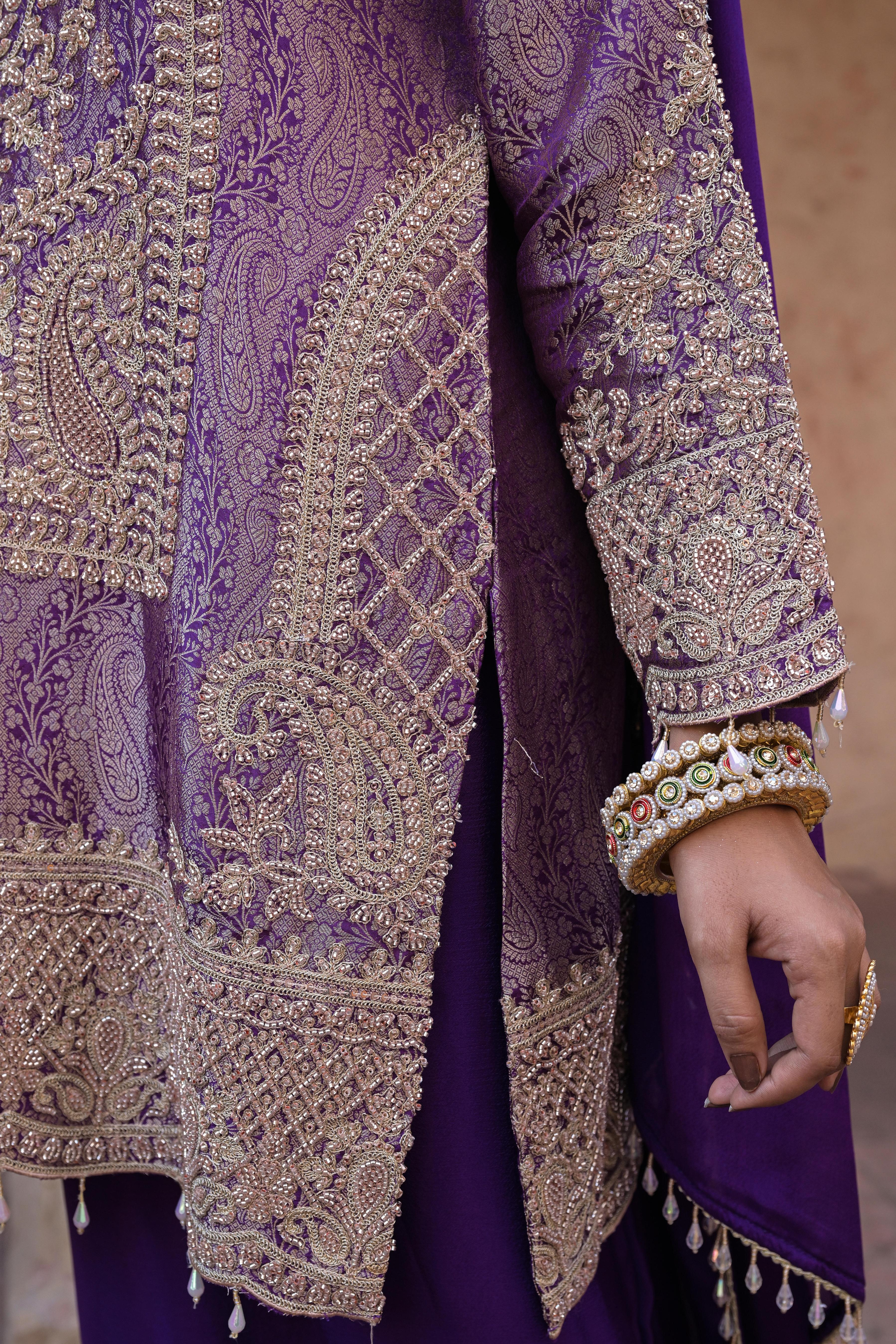 Deep Violet Embellished Brocade Silk Pant Set