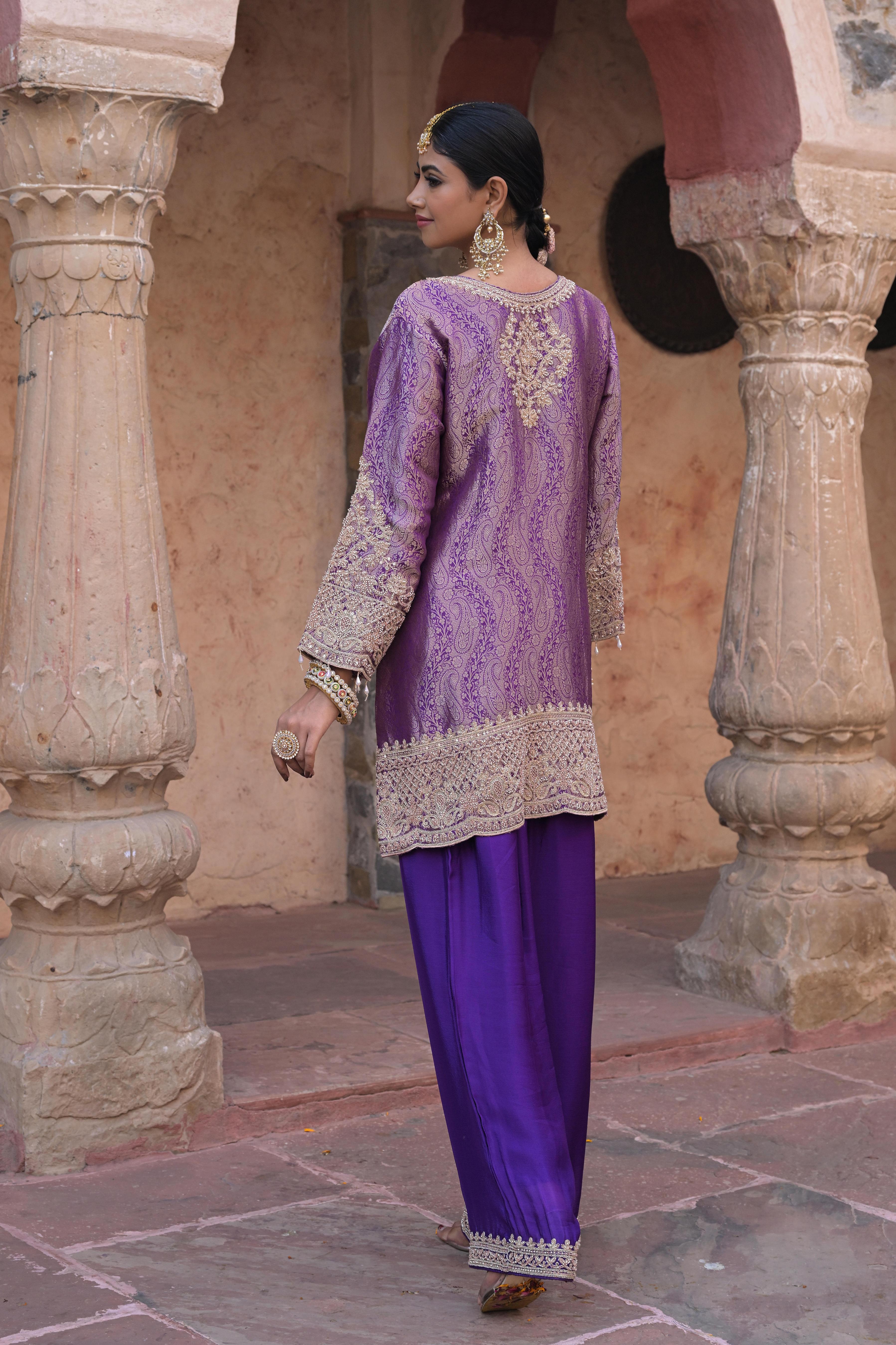 Deep Violet Embellished Brocade Silk Pant Set