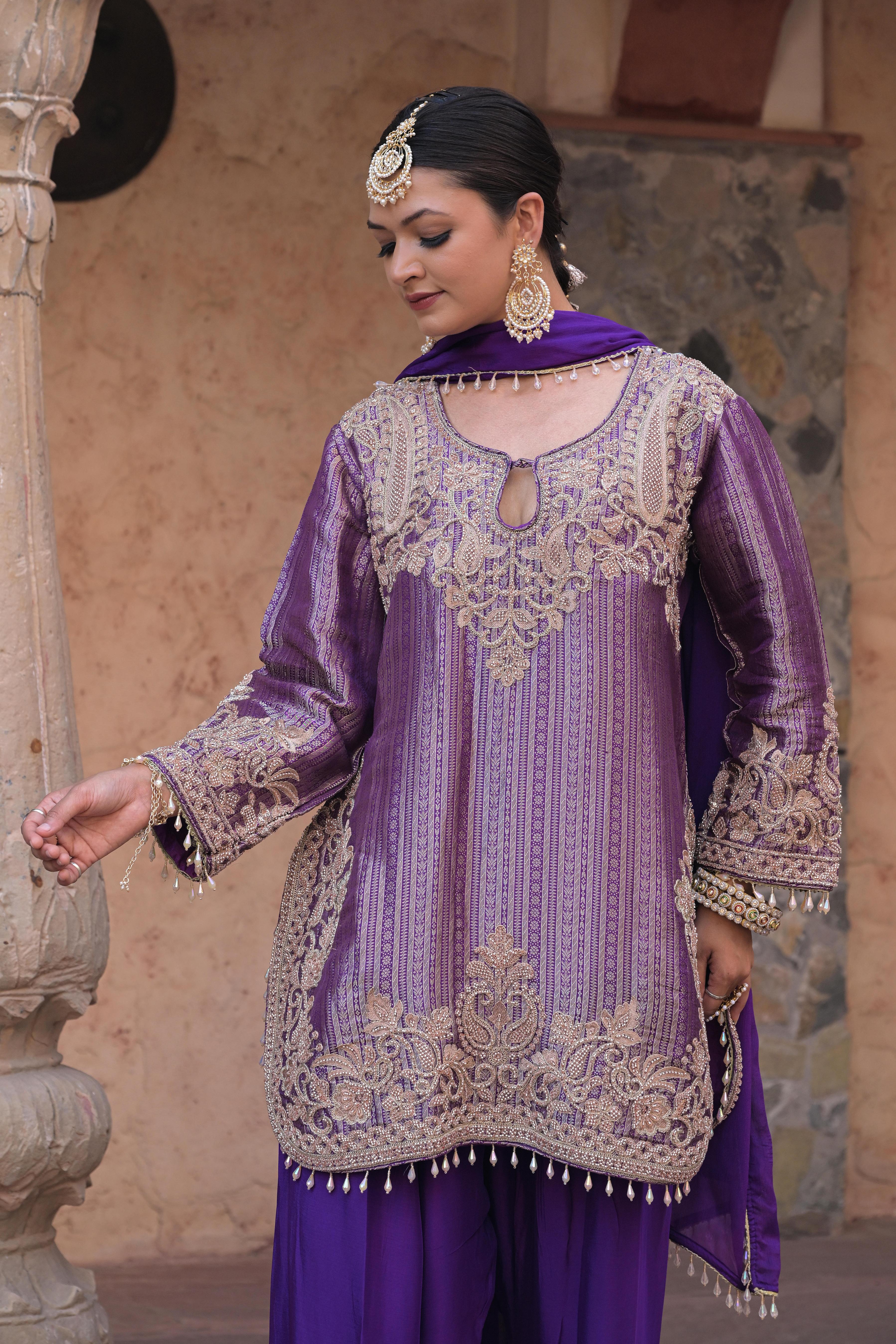 Grape Violet Embellished Brocade Silk Pant Set
