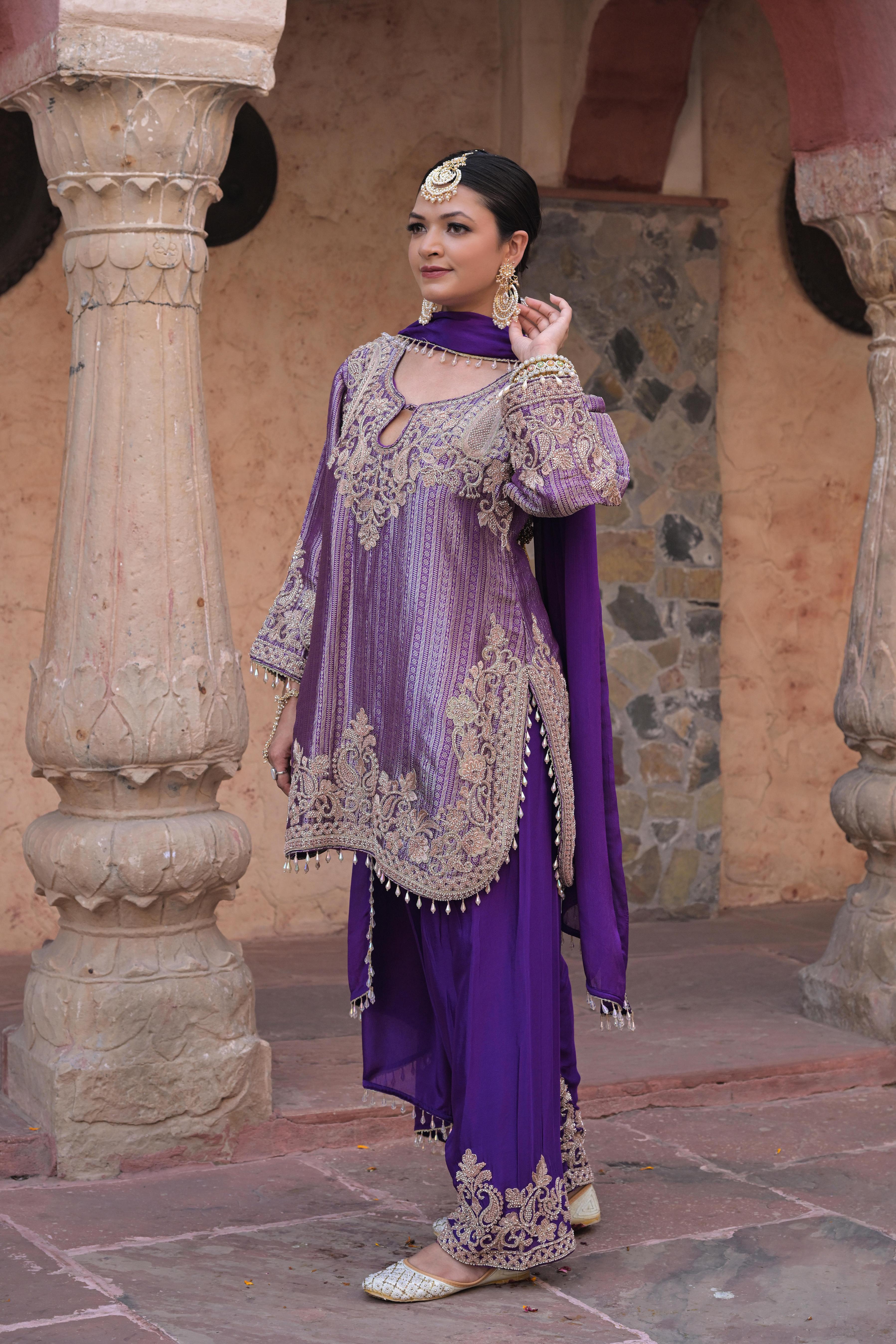 Grape Violet Embellished Brocade Silk Pant Set