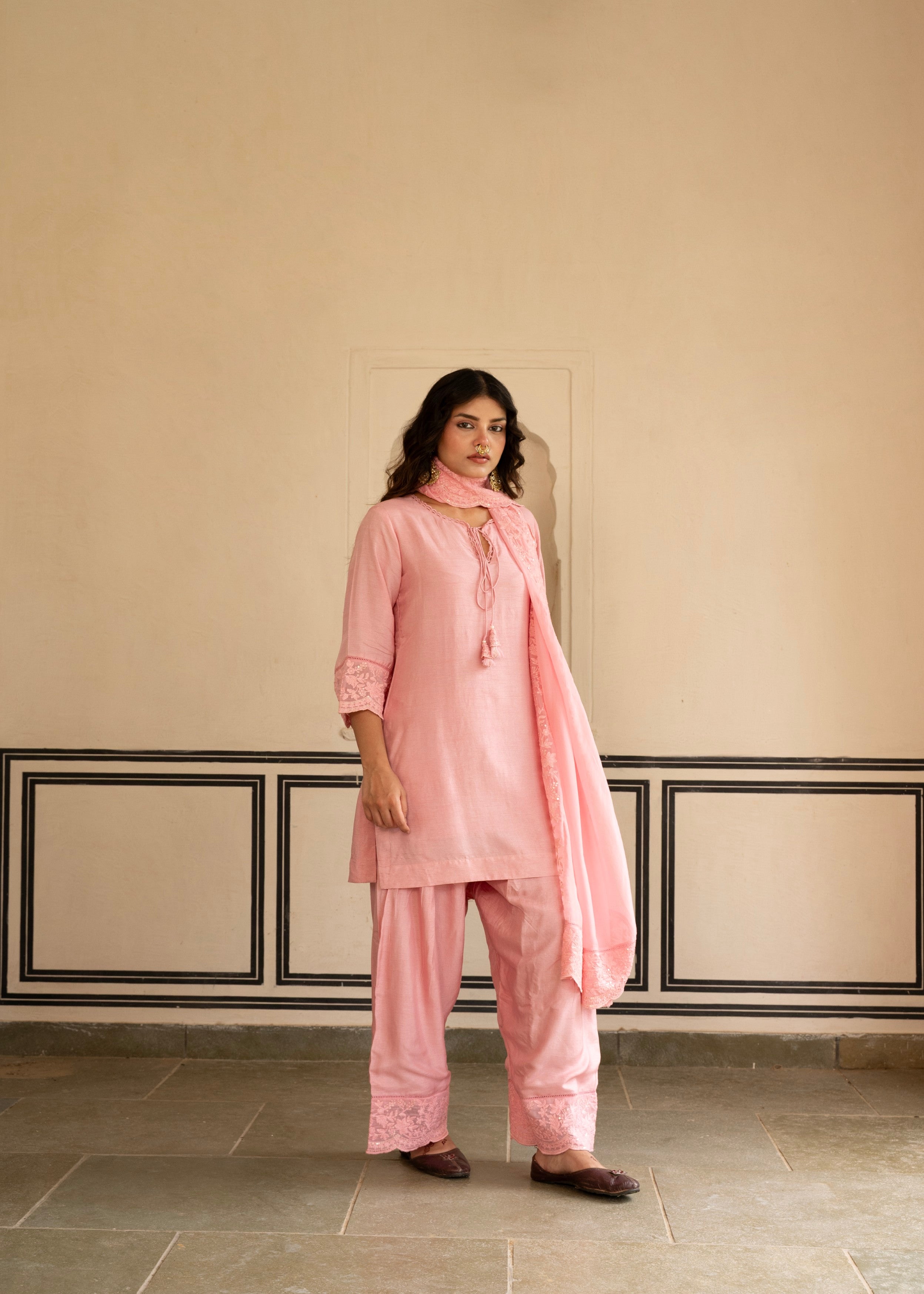 Petal Pink Chikankari Dola Silk Salwar Pant Set