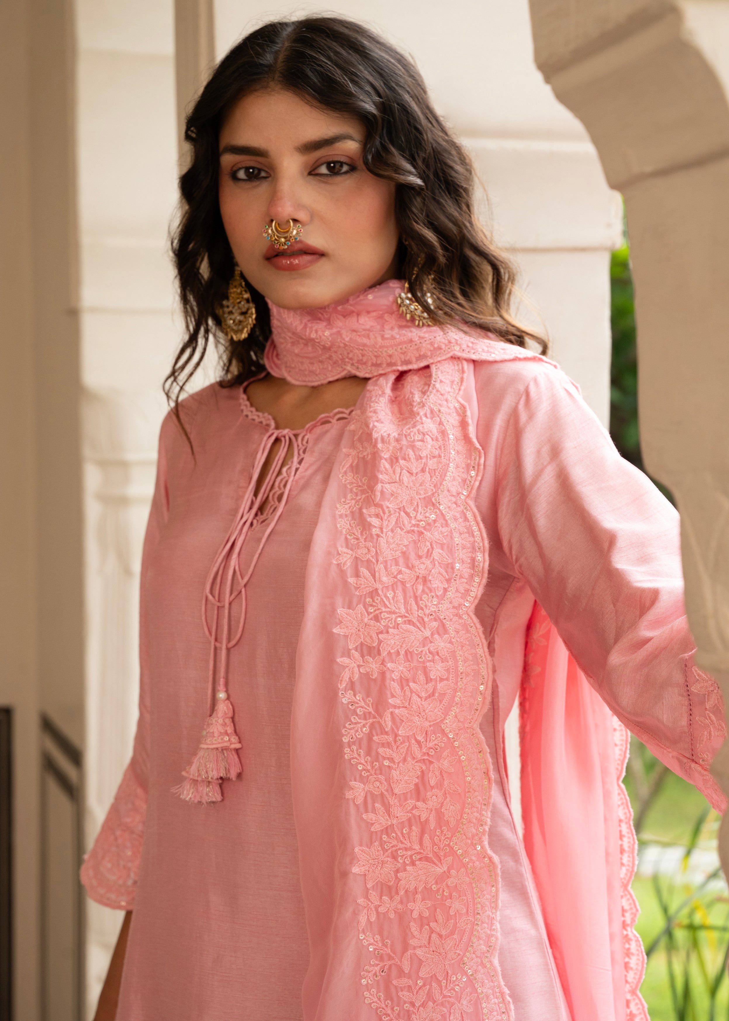 Petal Pink Chikankari Dola Silk Salwar Pant Set