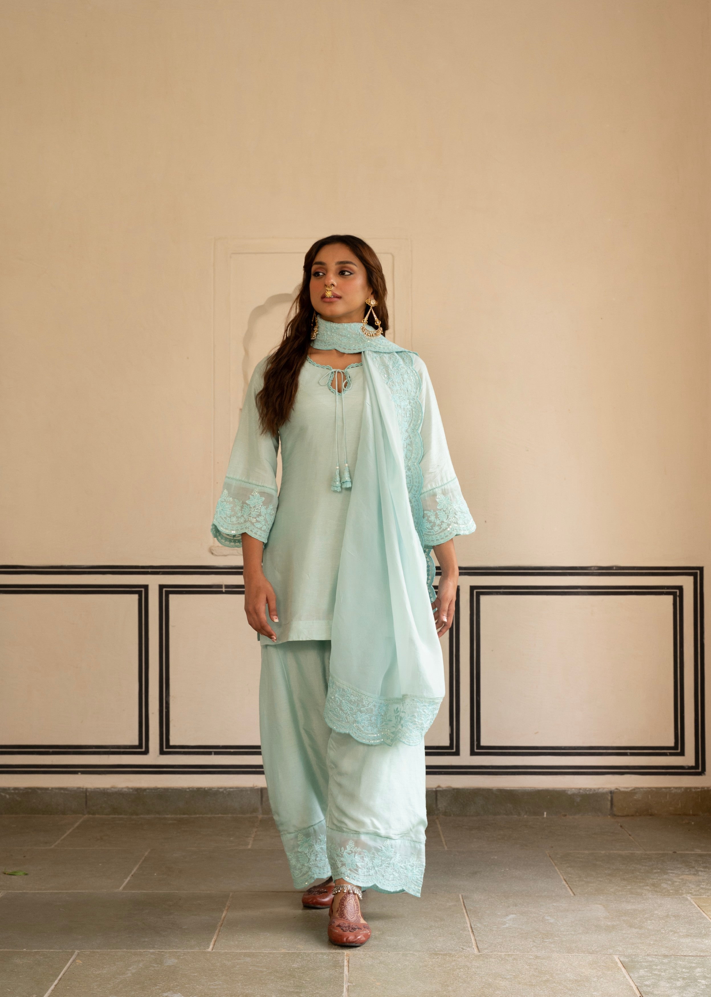 Ice Blue Chikankari Dola Silk Salwar Pant Set