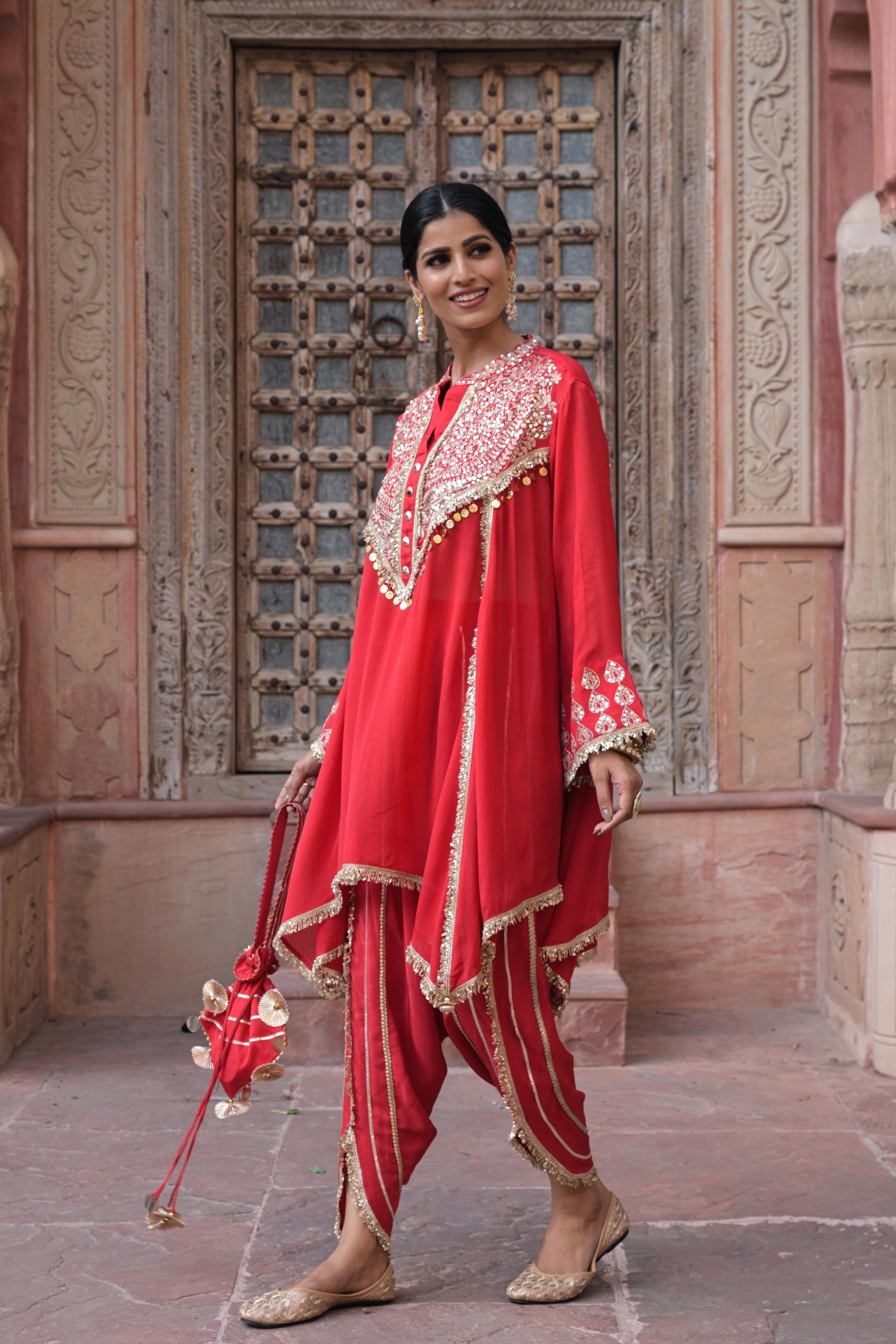 Bright Red Embellished Chinon Silk Dhoti Set