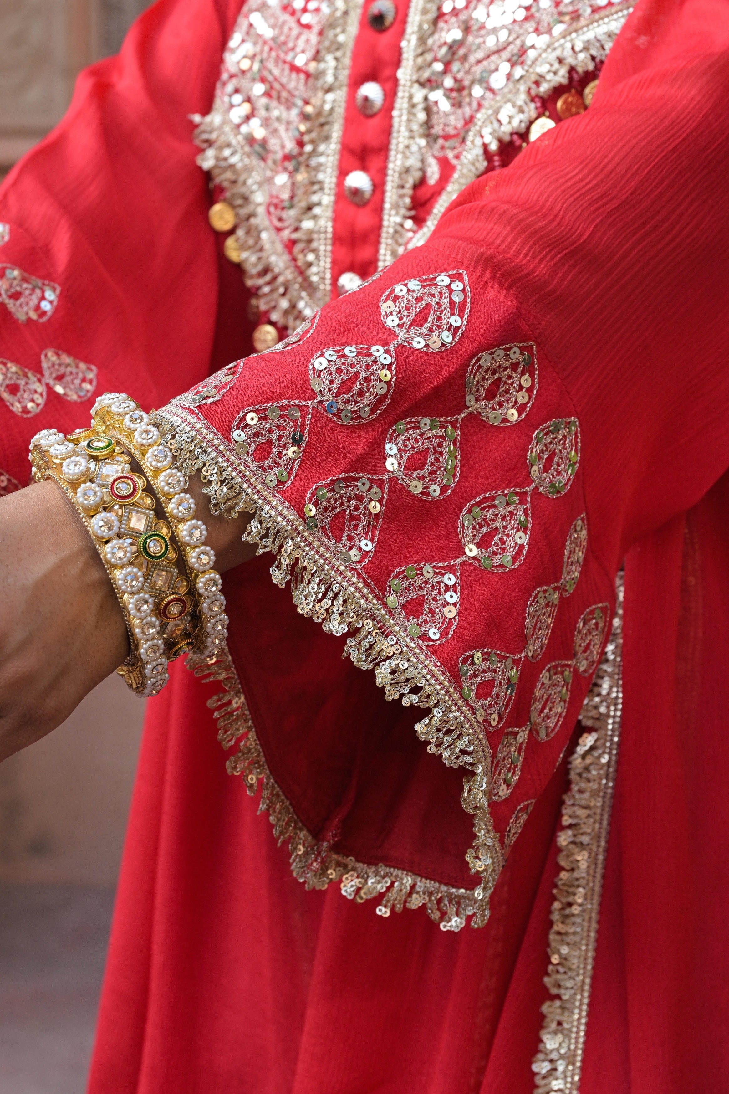 Bright Red Embellished Chinon Silk Dhoti Set