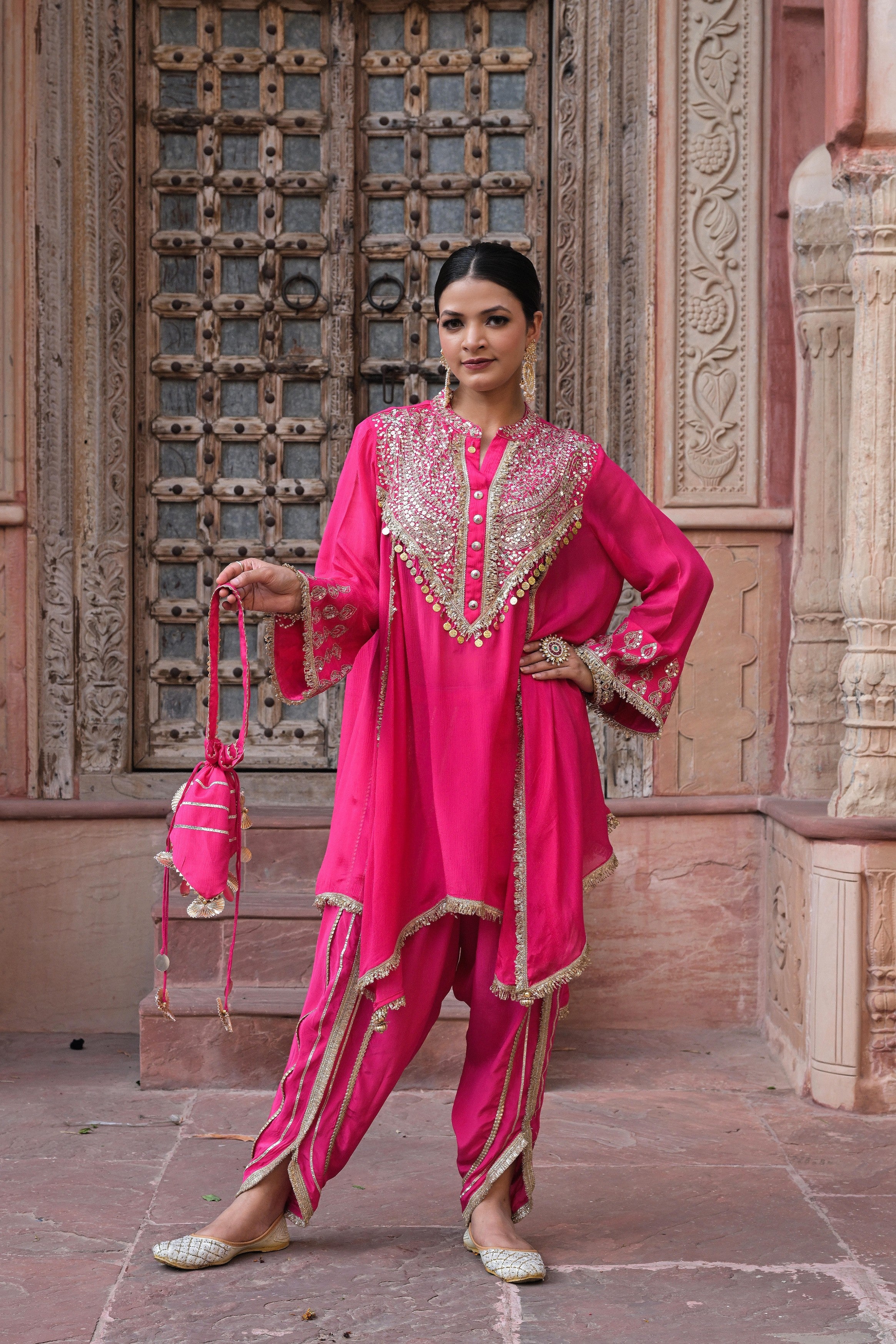 Bright Pink Embellished Chinon Silk Dhoti Set