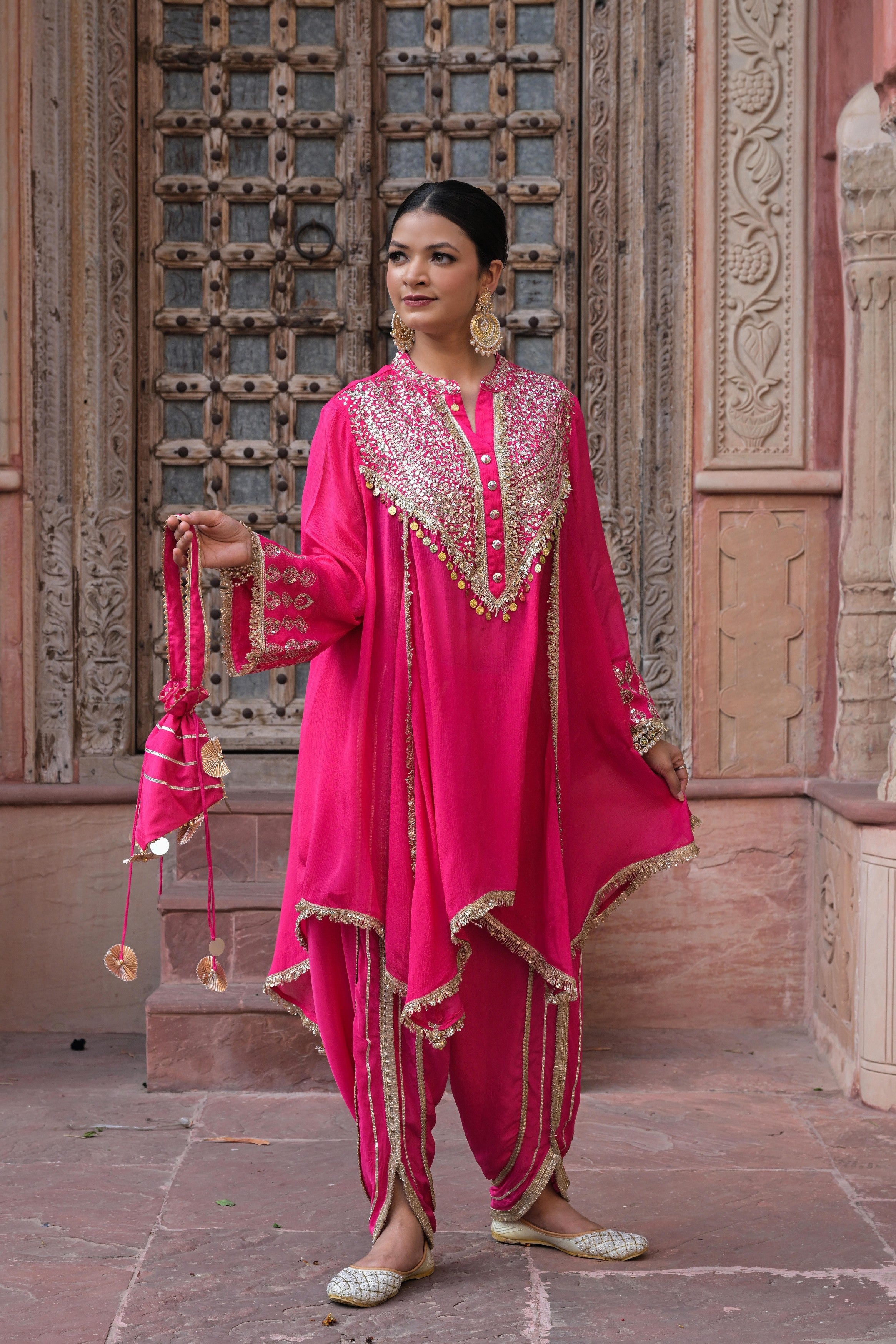 Bright Pink Embellished Chinon Silk Dhoti Set
