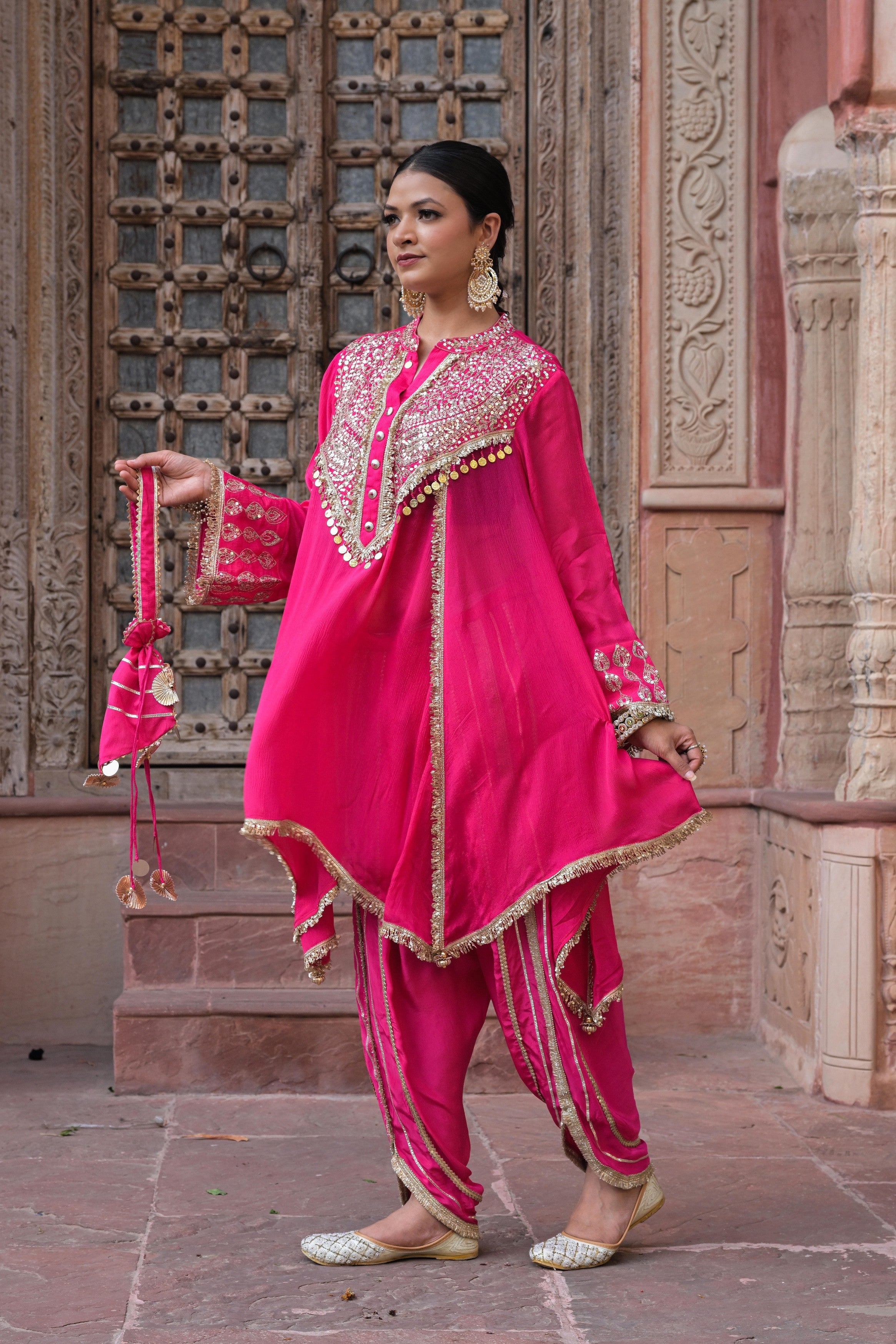 Bright Pink Embellished Chinon Silk Dhoti Set