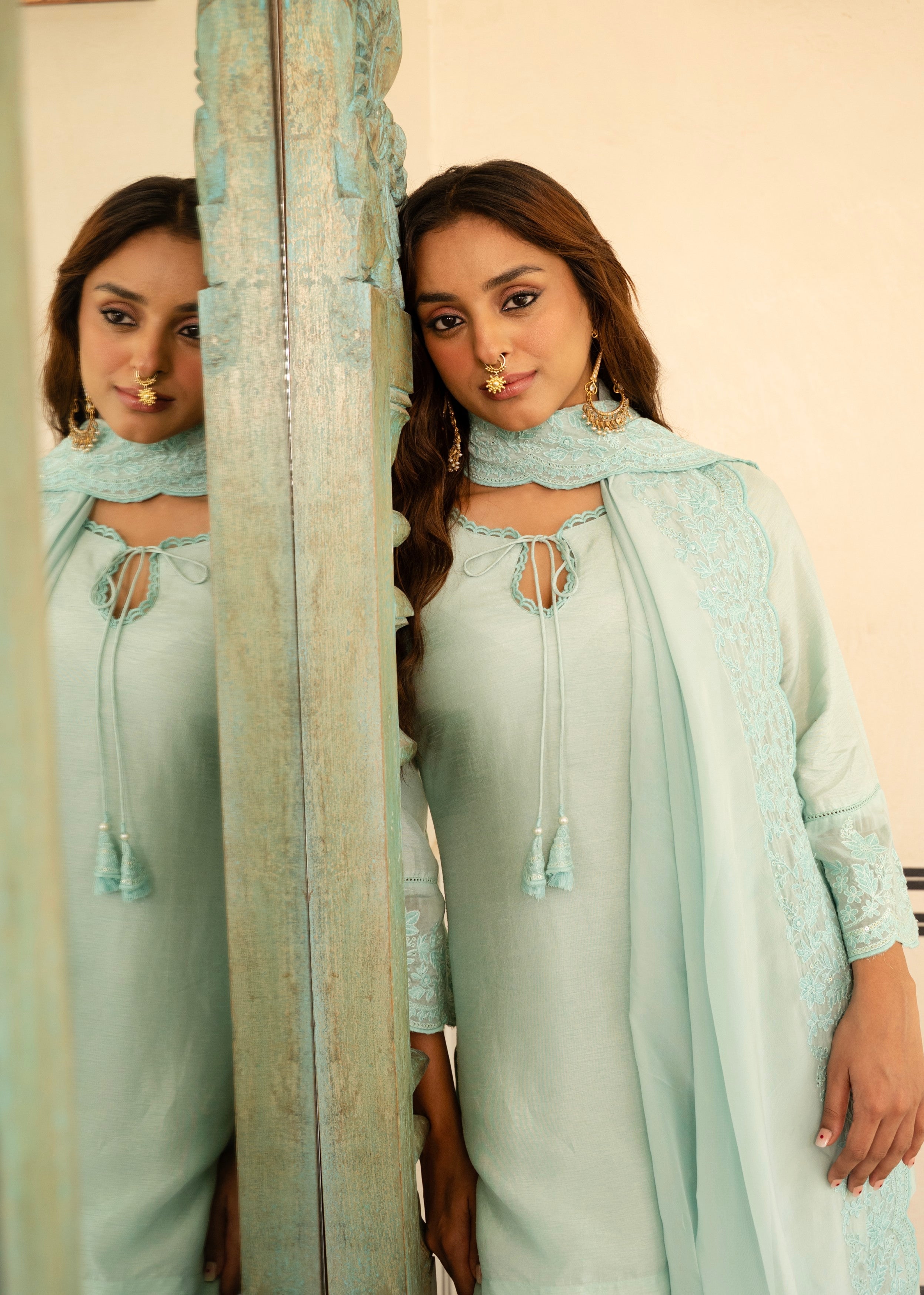 Ice Blue Chikankari Dola Silk Salwar Pant Set