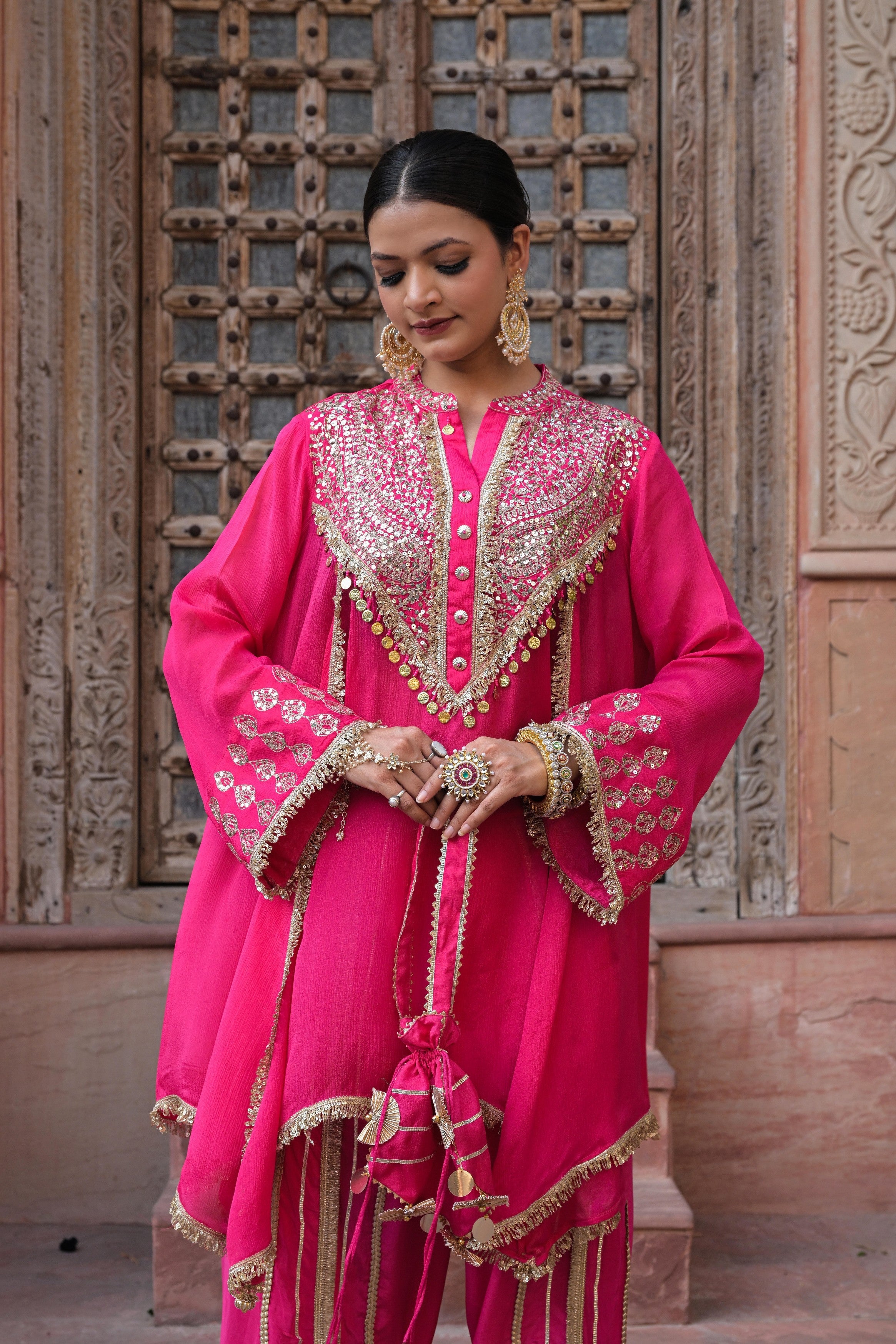 Bright Pink Embellished Chinon Silk Dhoti Set