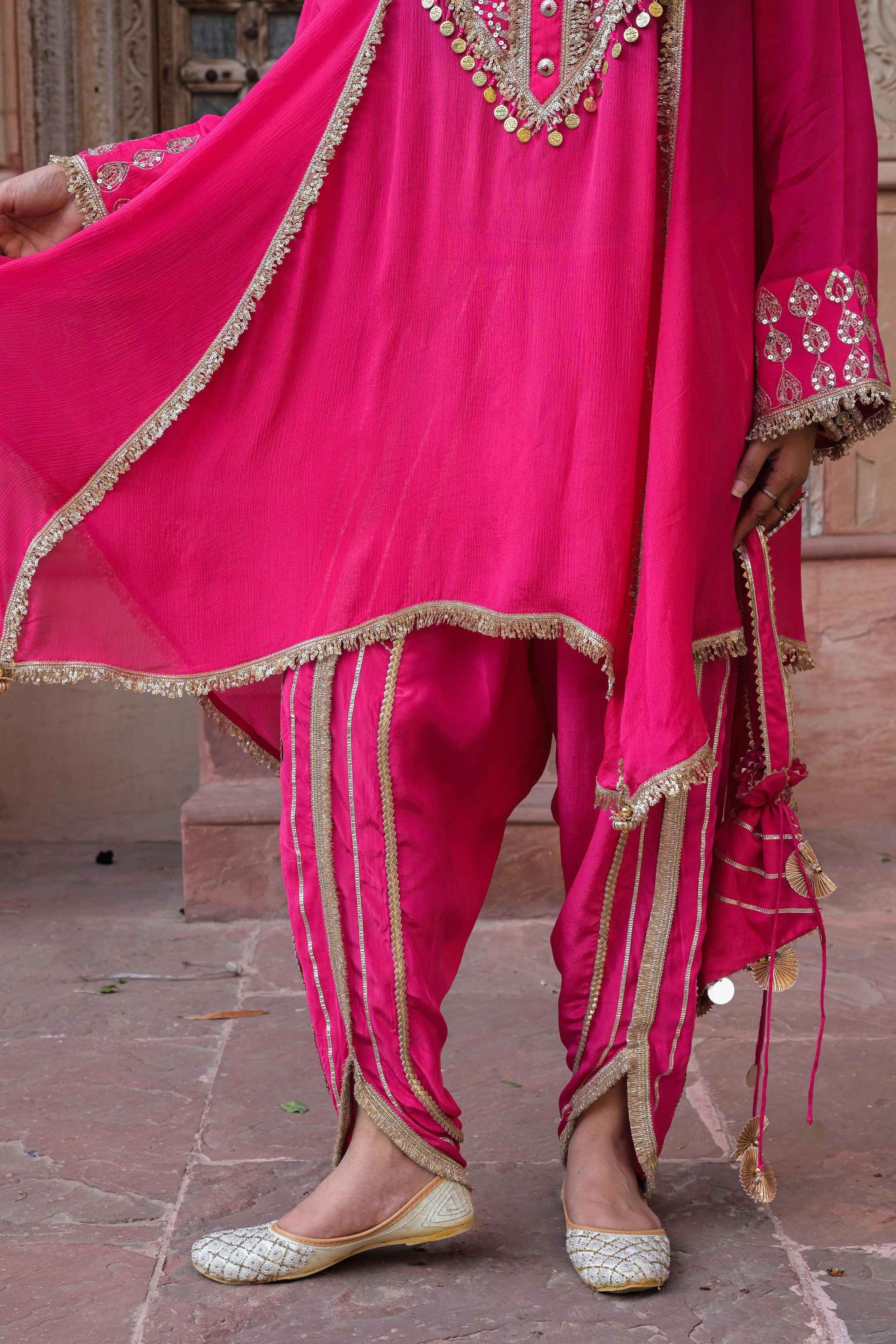 Bright Pink Embellished Chinon Silk Dhoti Set