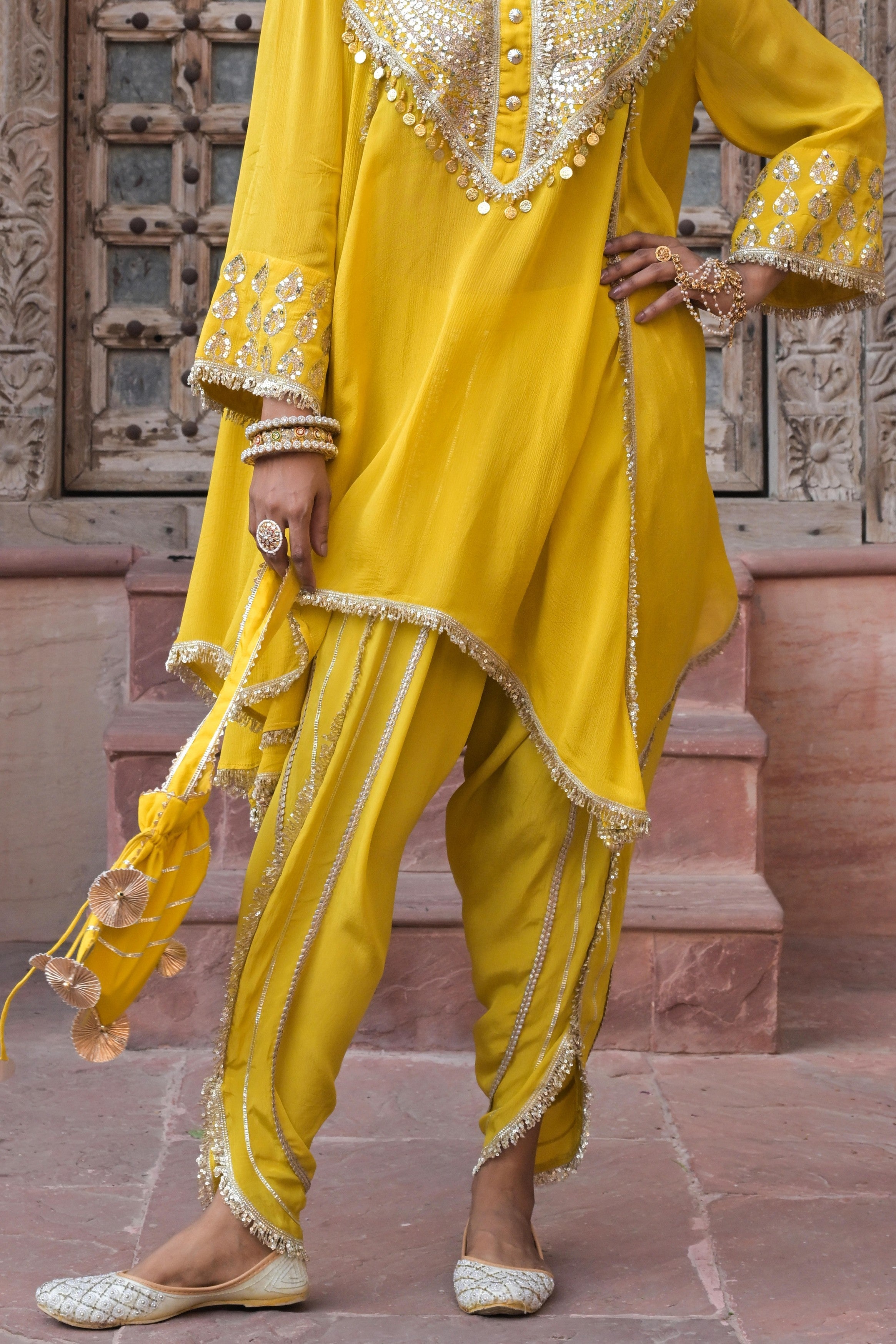 Bright Yellow Embellished Chinon Silk Dhoti Set