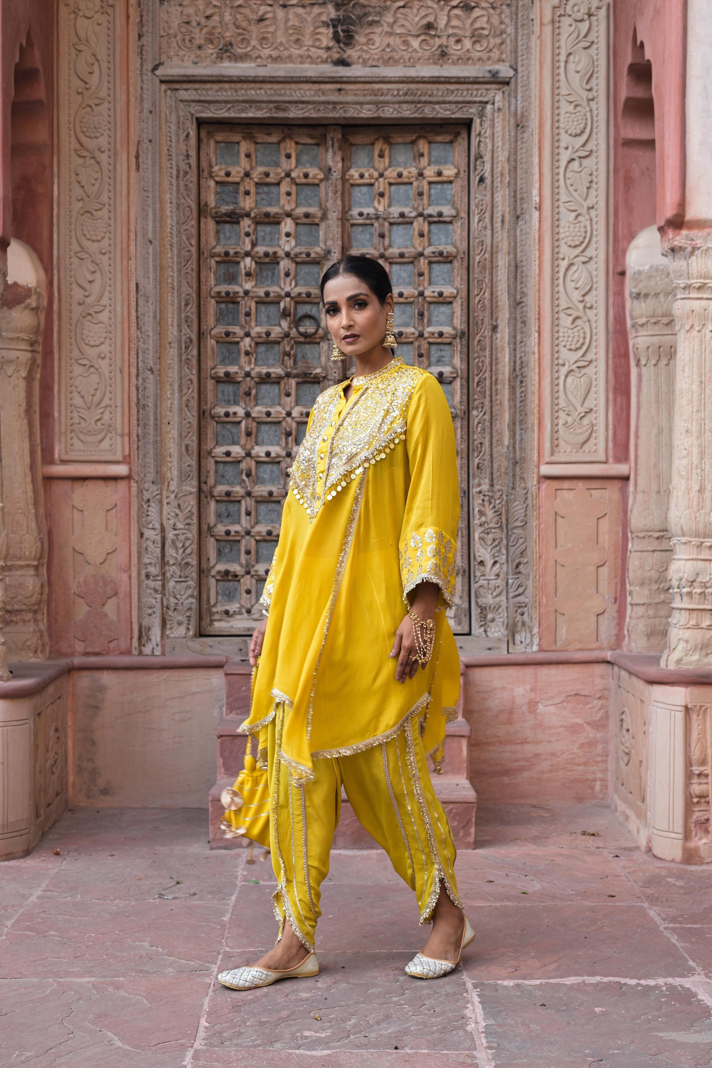Bright Yellow Embellished Chinon Silk Dhoti Set