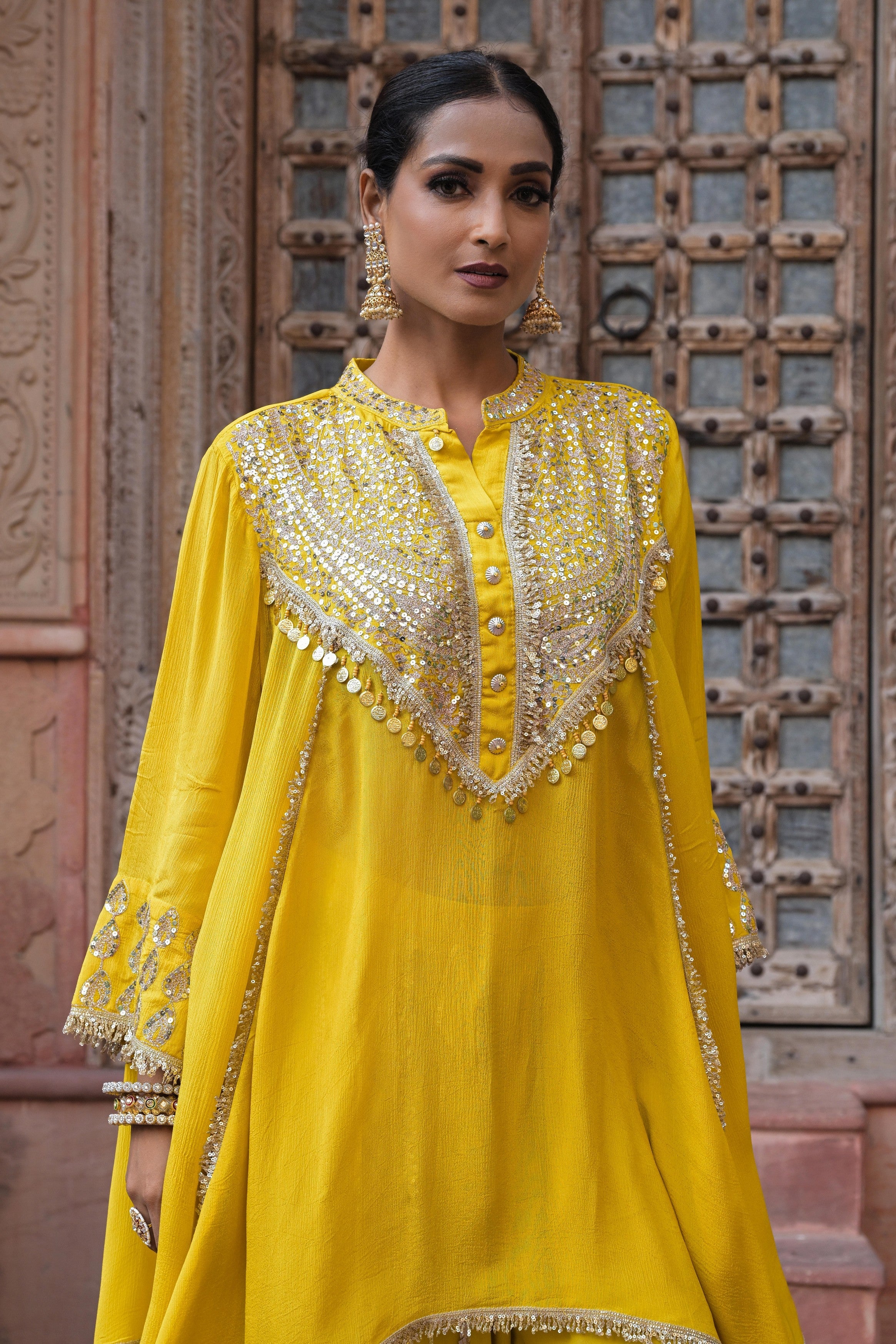 Bright Yellow Embellished Chinon Silk Dhoti Set