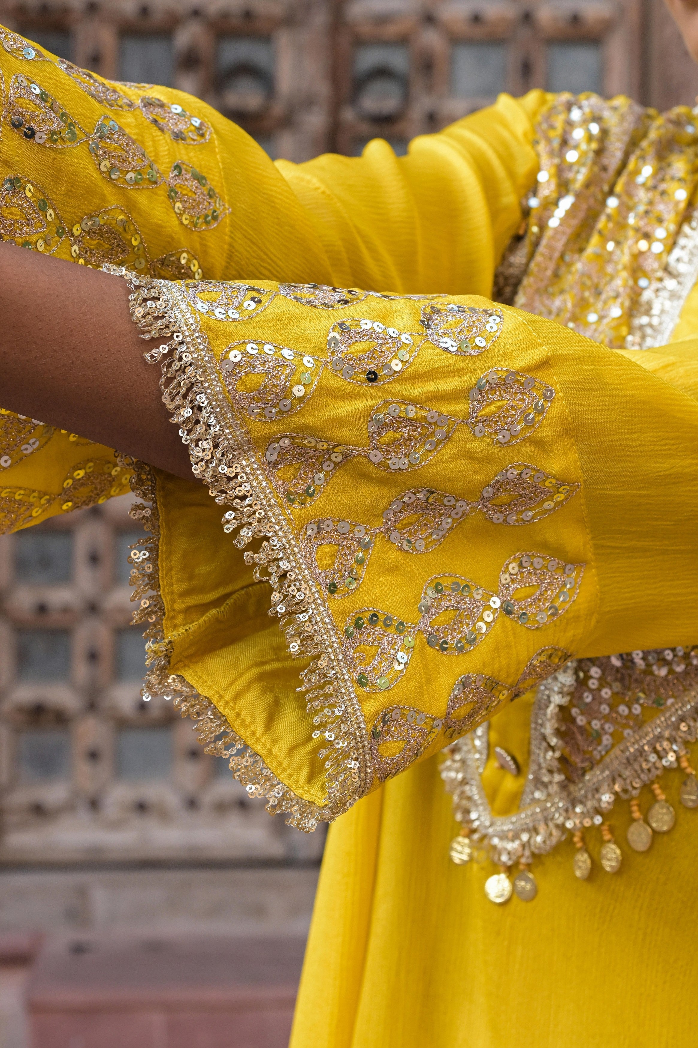 Bright Yellow Embellished Chinon Silk Dhoti Set
