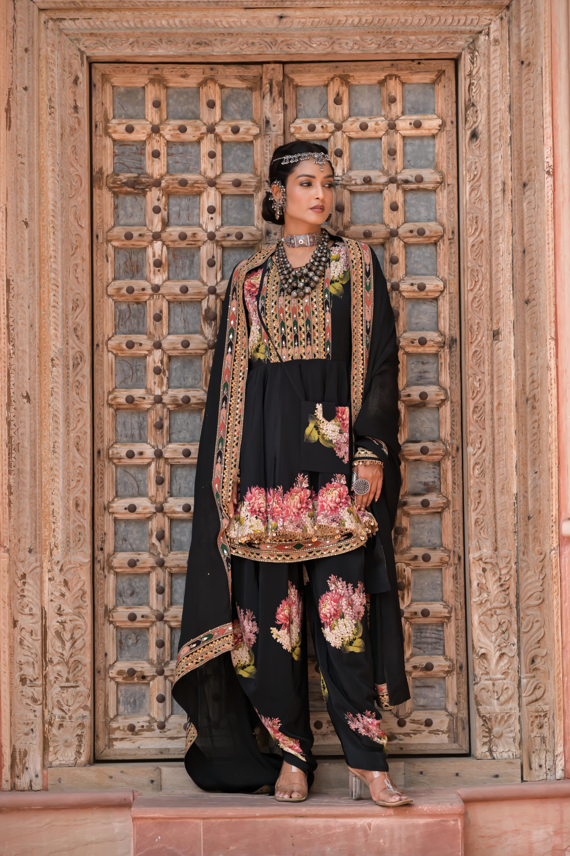 Black Printed Embellished Crepe Silk Dhoti Set
