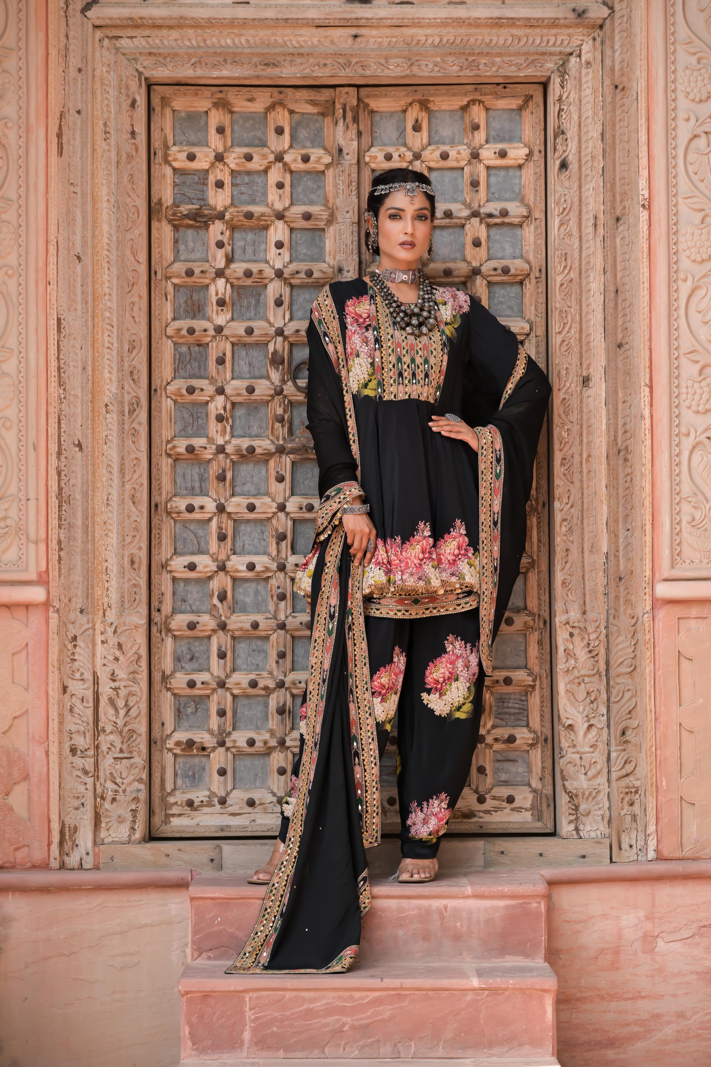 Black Printed Embellished Crepe Silk Dhoti Set