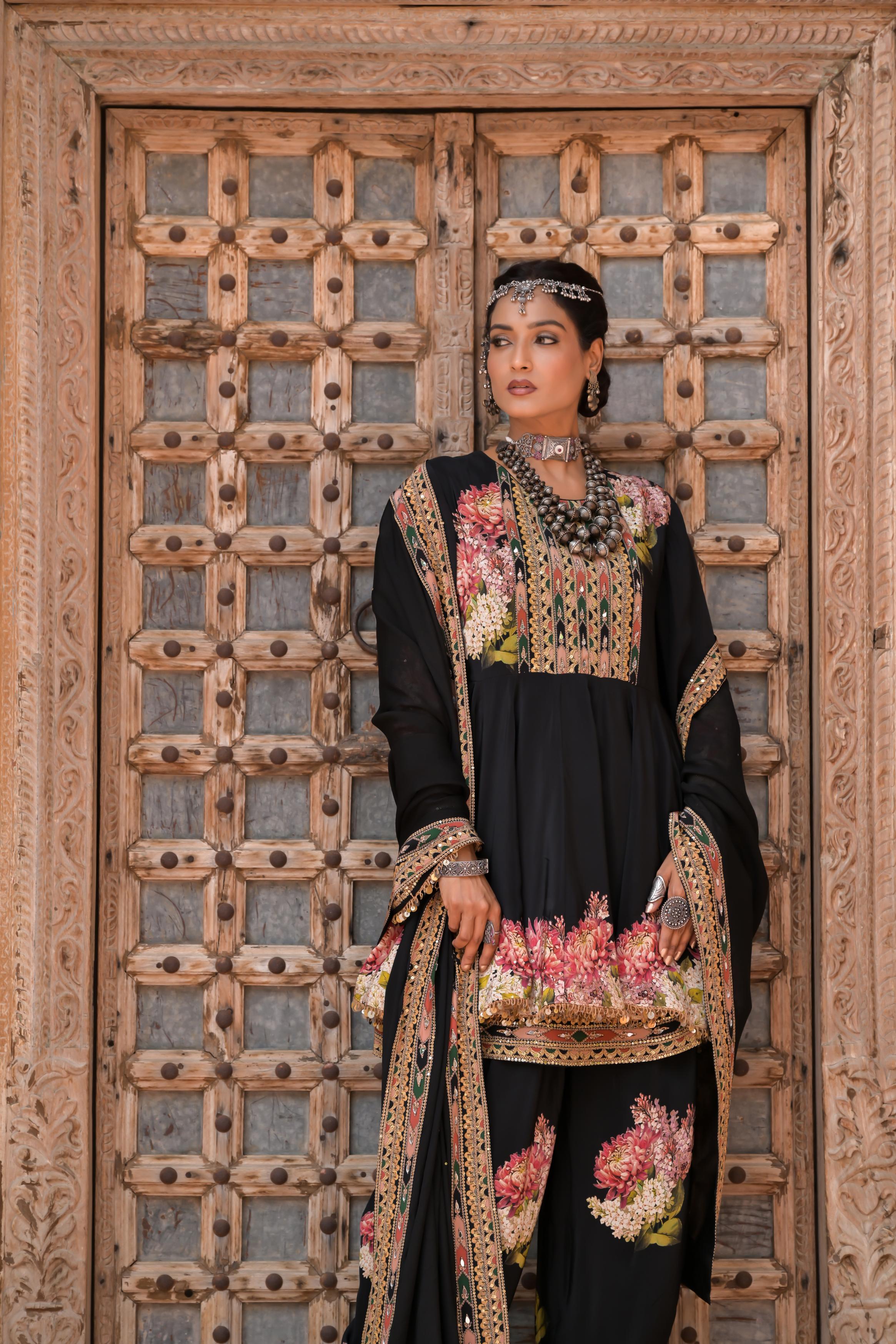 Black Printed Embellished Crepe Silk Dhoti Set