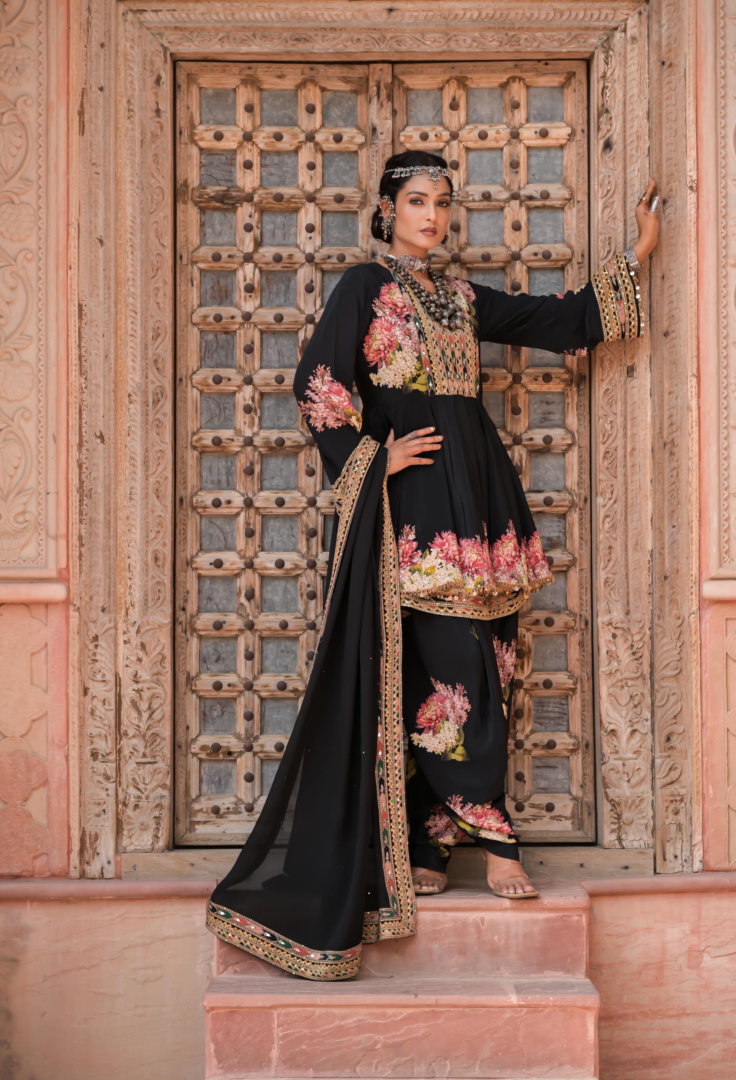 Black Printed Embellished Crepe Silk Dhoti Set