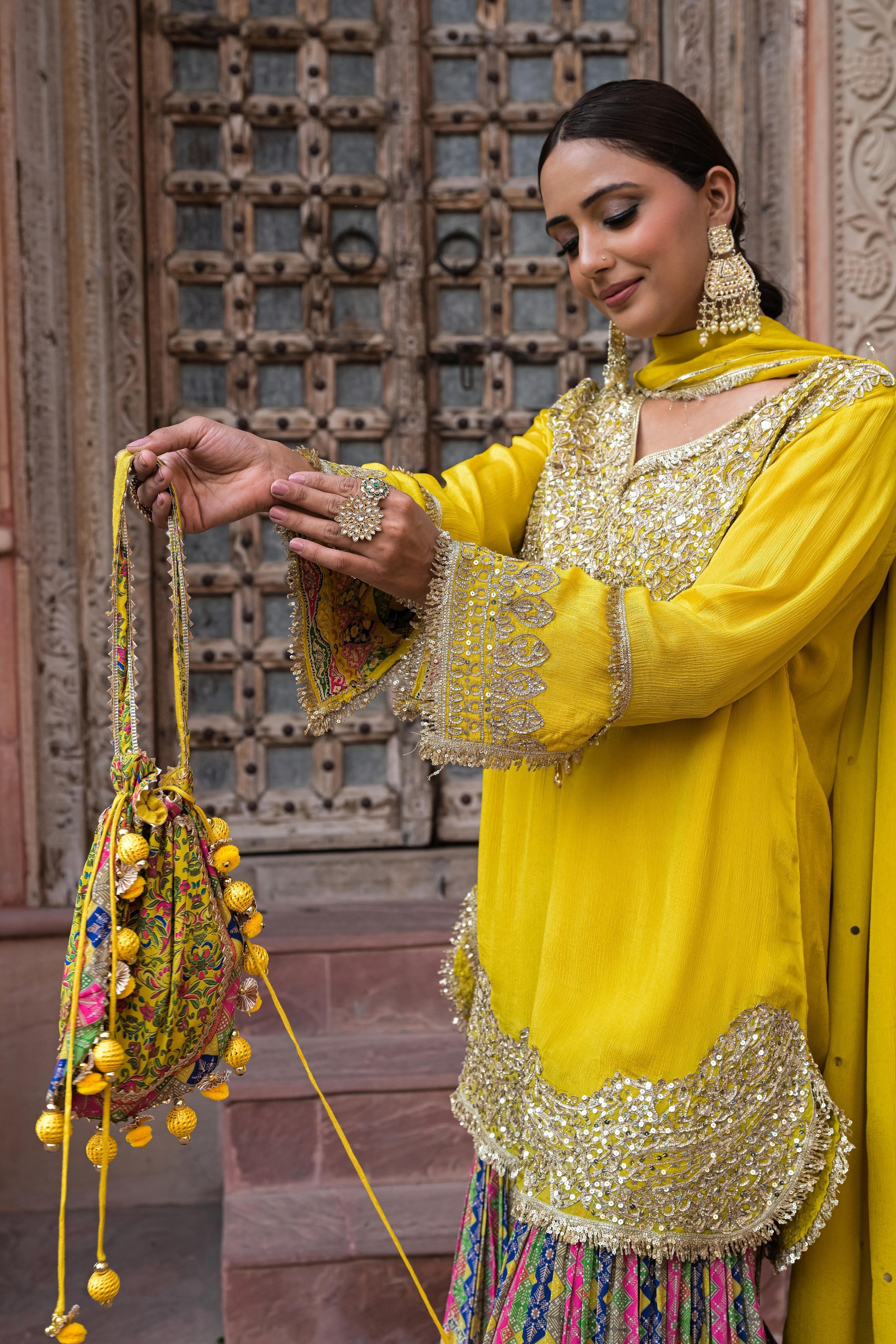 Lemon Yellow Embellished Chinon Silk Sharara Set