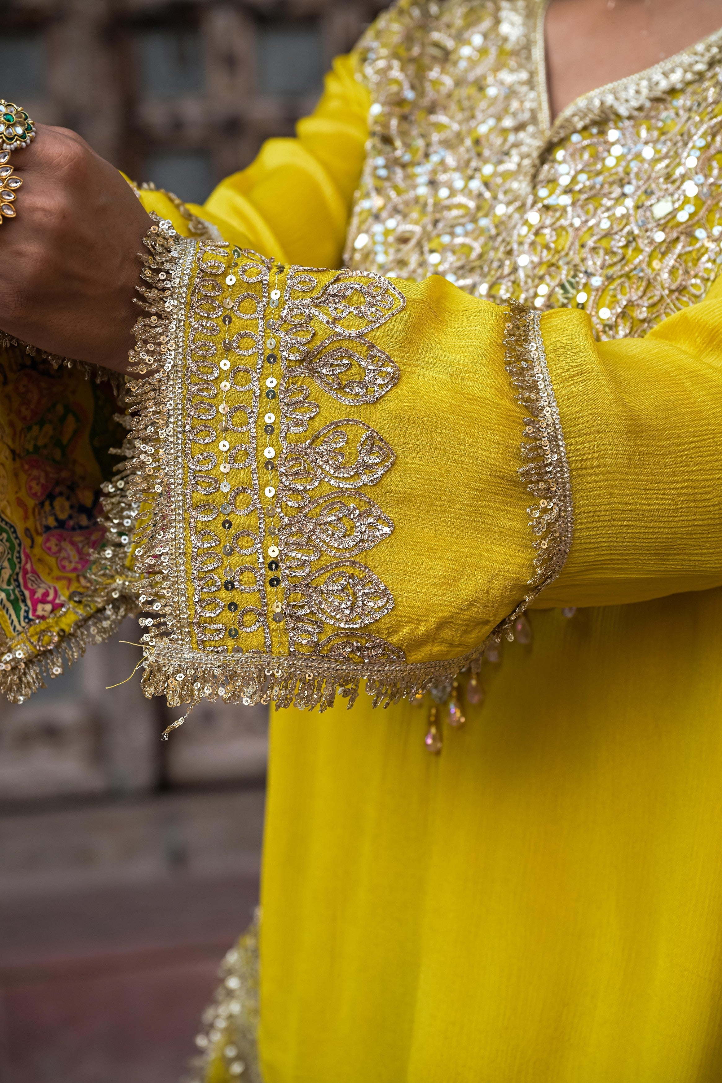 Lemon Yellow Embellished Chinon Silk Sharara Set