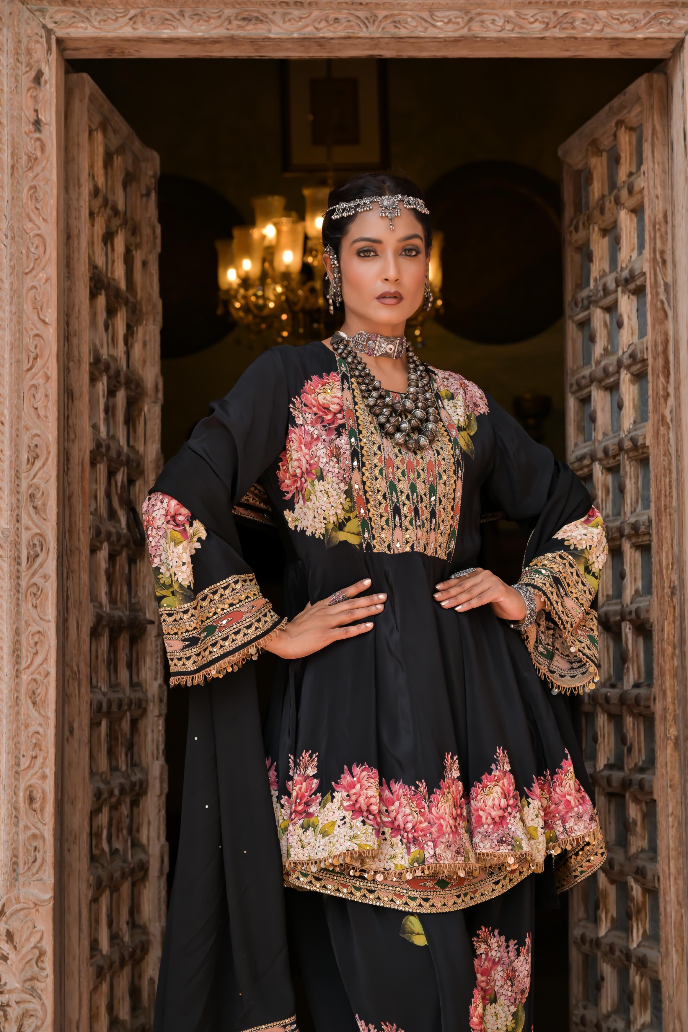 Black Printed Embellished Crepe Silk Dhoti Set