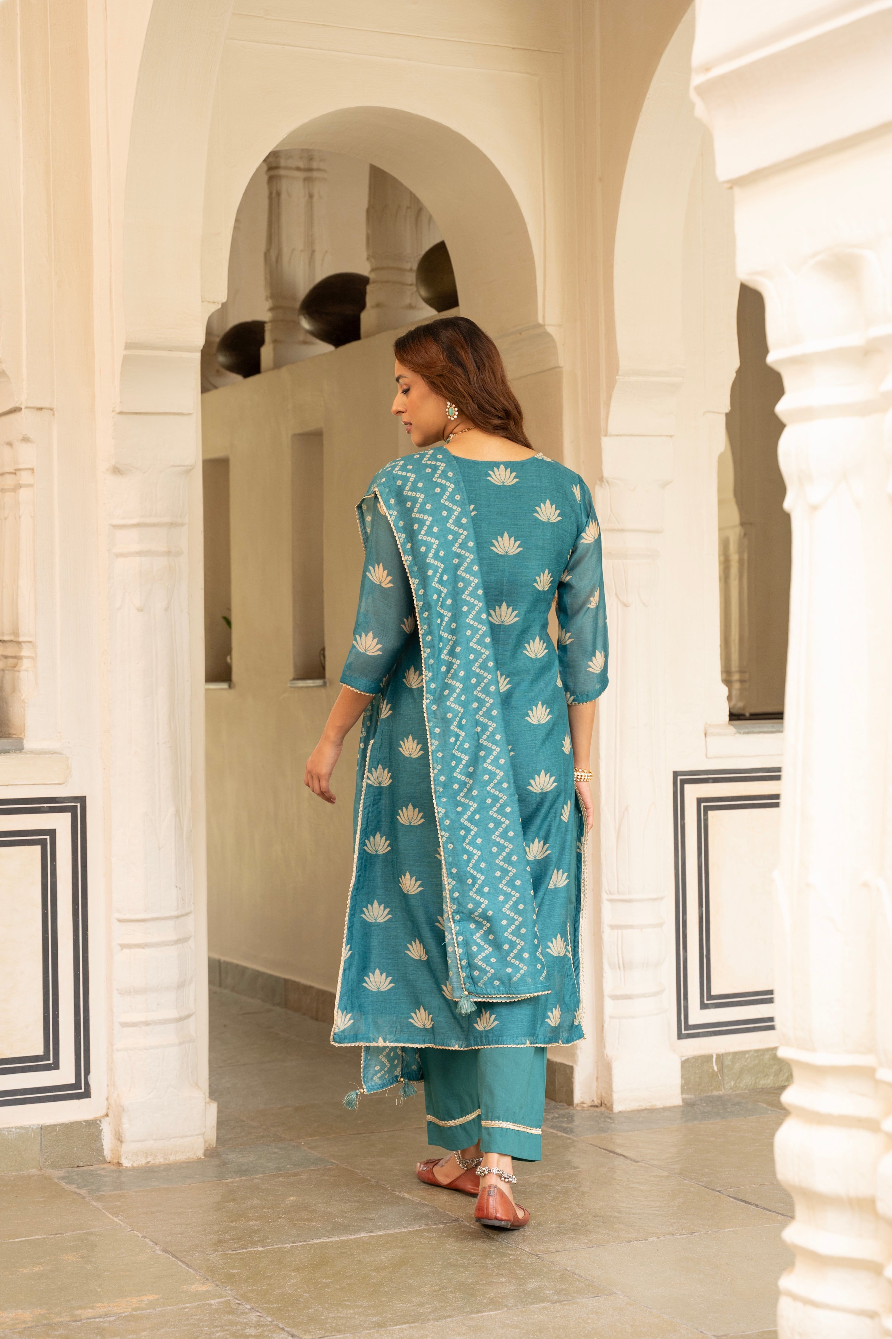 Teal Blue Embellished Chanderi Silk Pant Set