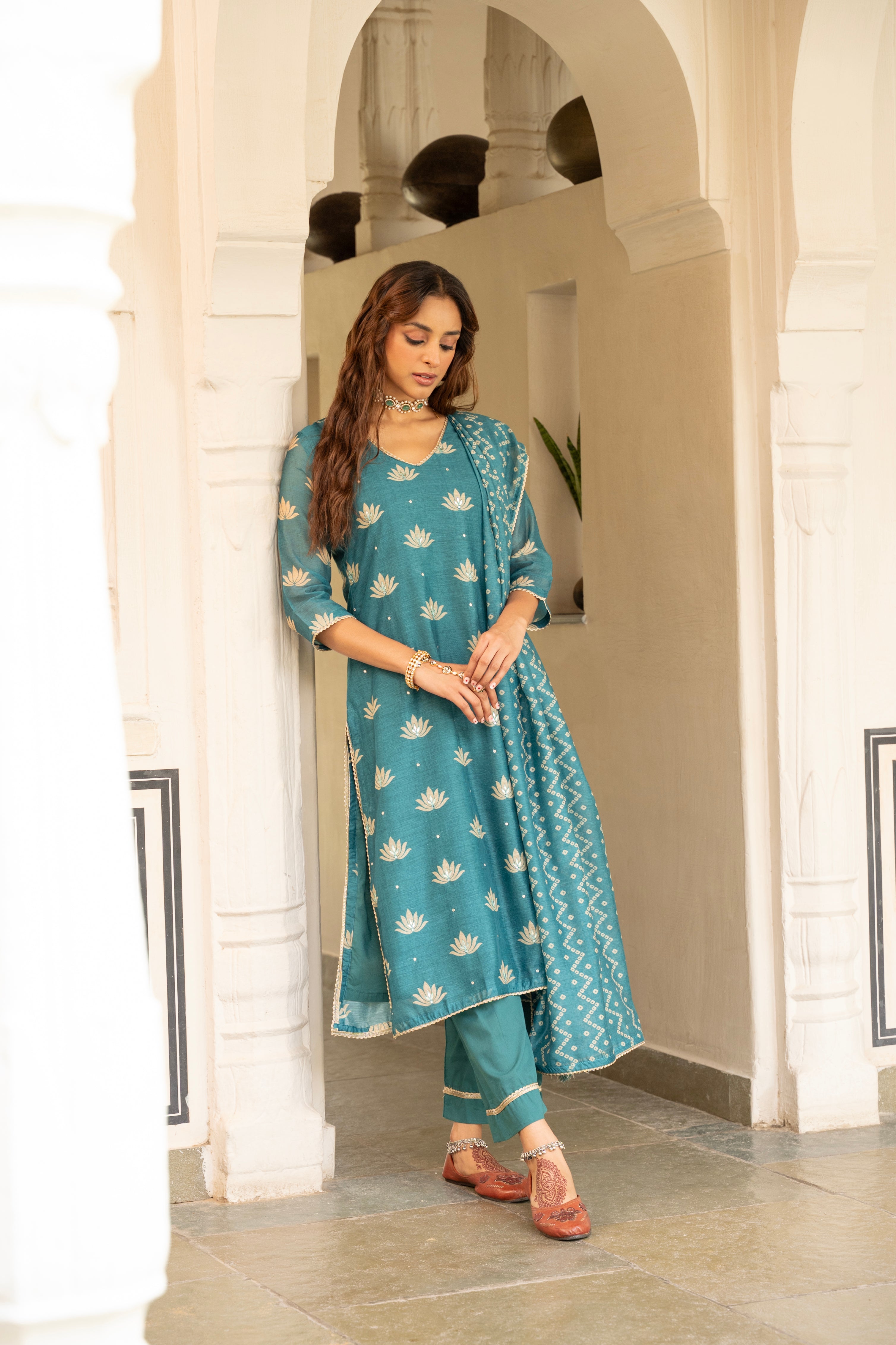 Teal Blue Embellished Chanderi Silk Pant Set