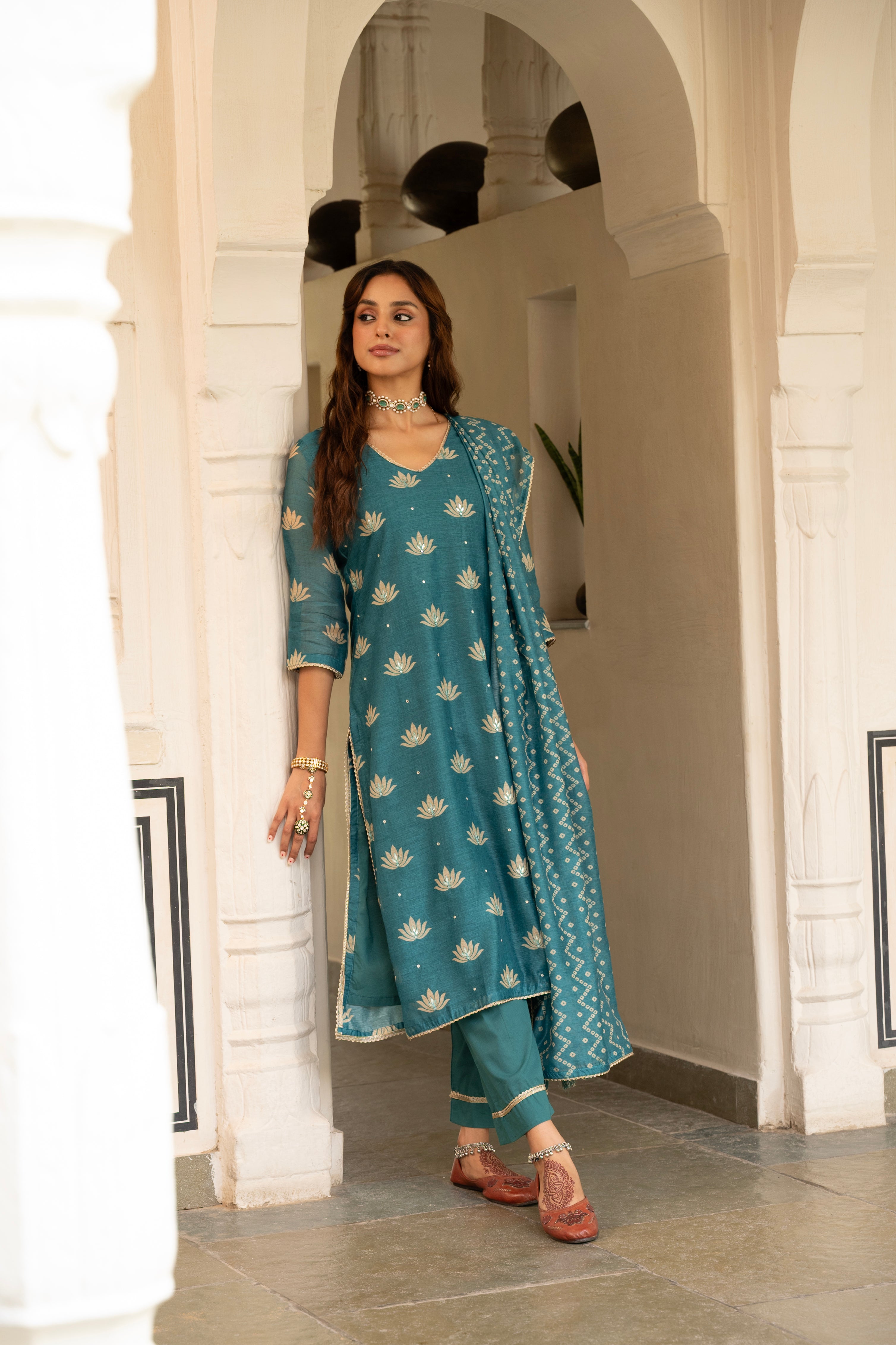 Teal Blue Embellished Chanderi Silk Pant Set