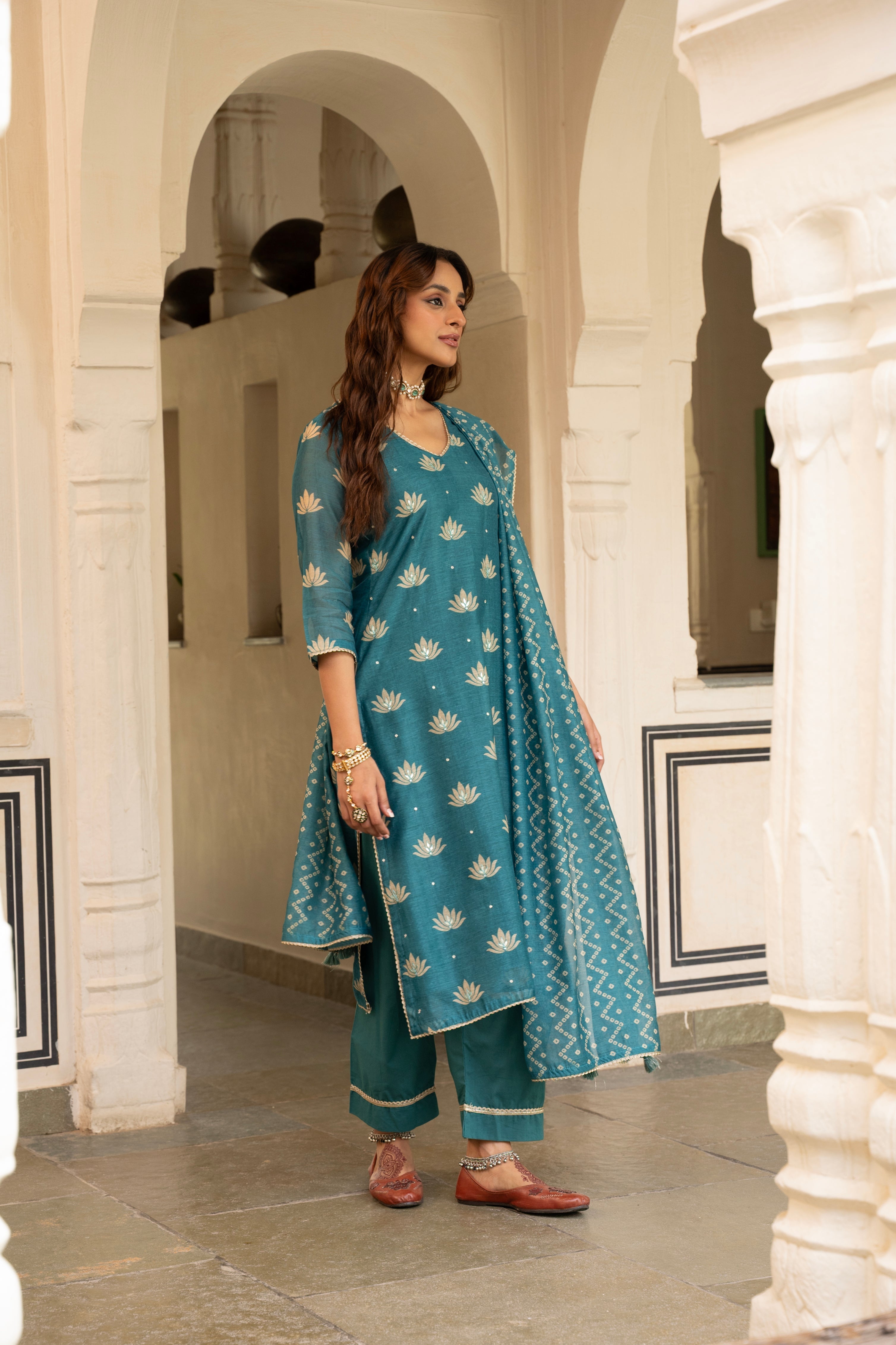Teal Blue Embellished Chanderi Silk Pant Set