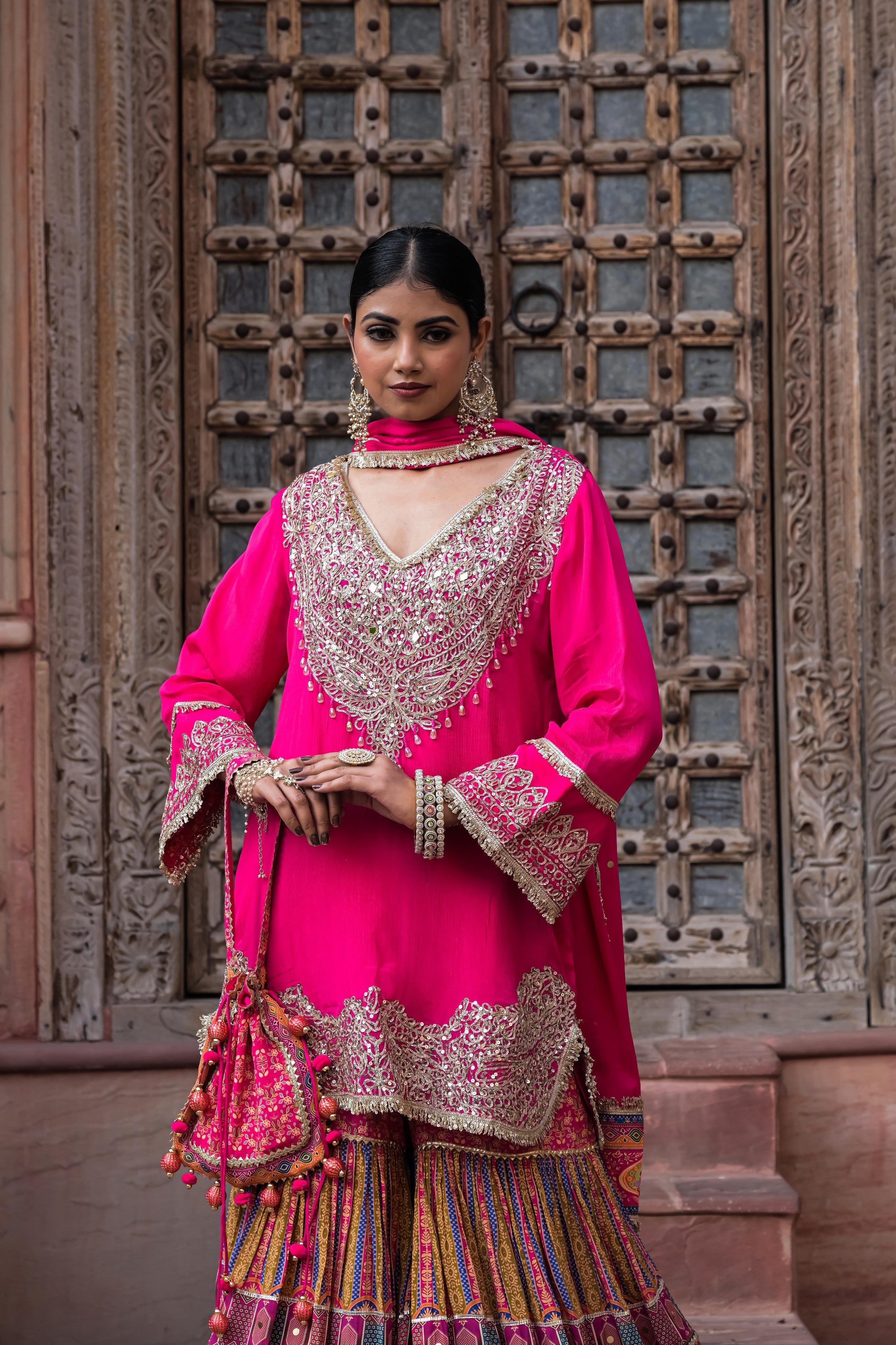 Hot Pink Embellished Chinon Silk Sharara Set