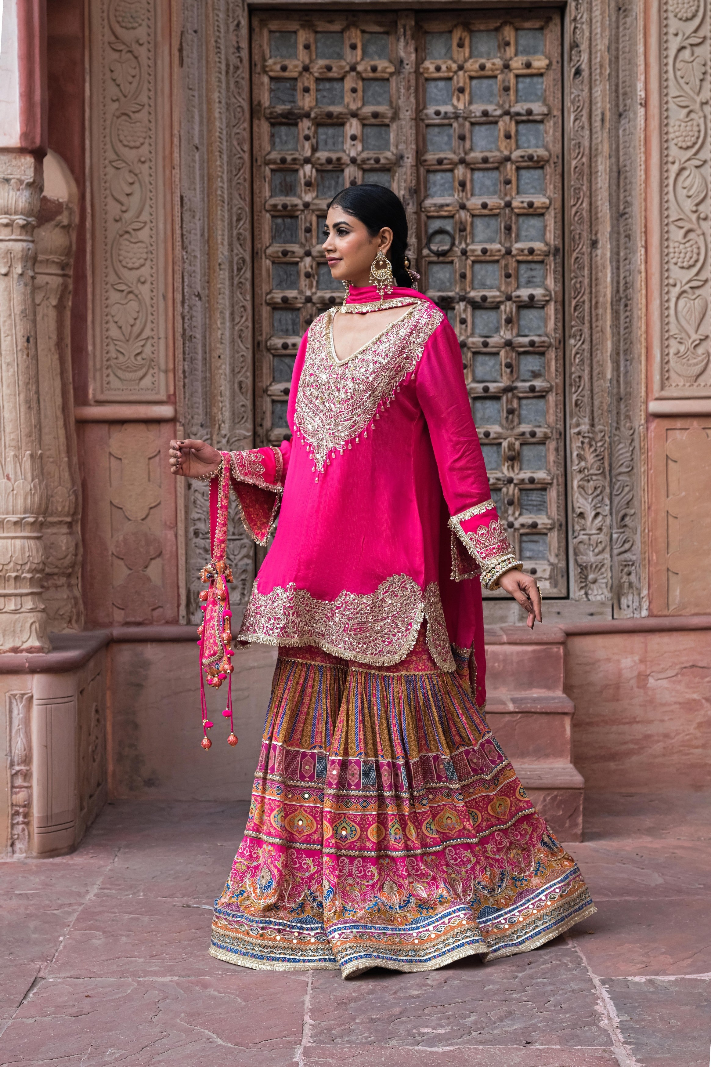 Hot Pink Embellished Chinon Silk Sharara Set