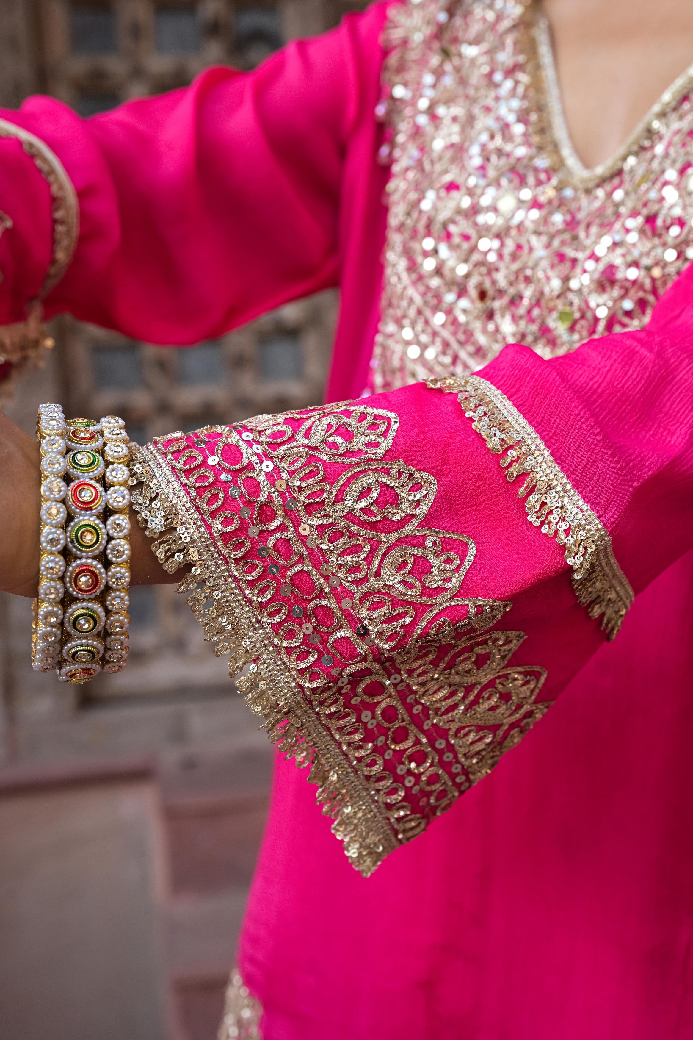 Hot Pink Embellished Chinon Silk Sharara Set