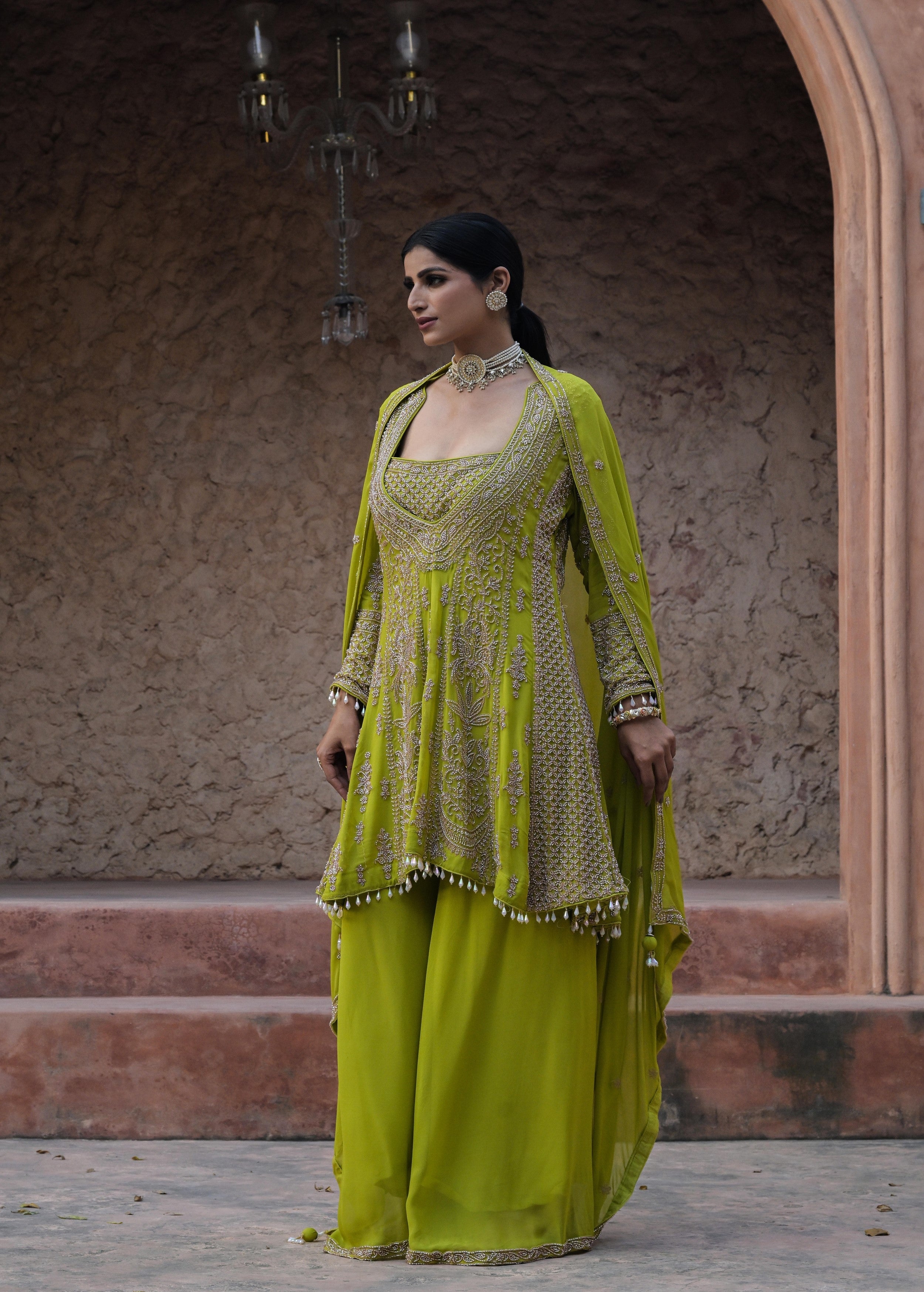 Lime Green Embellished Georgette Silk Palazzo Set
