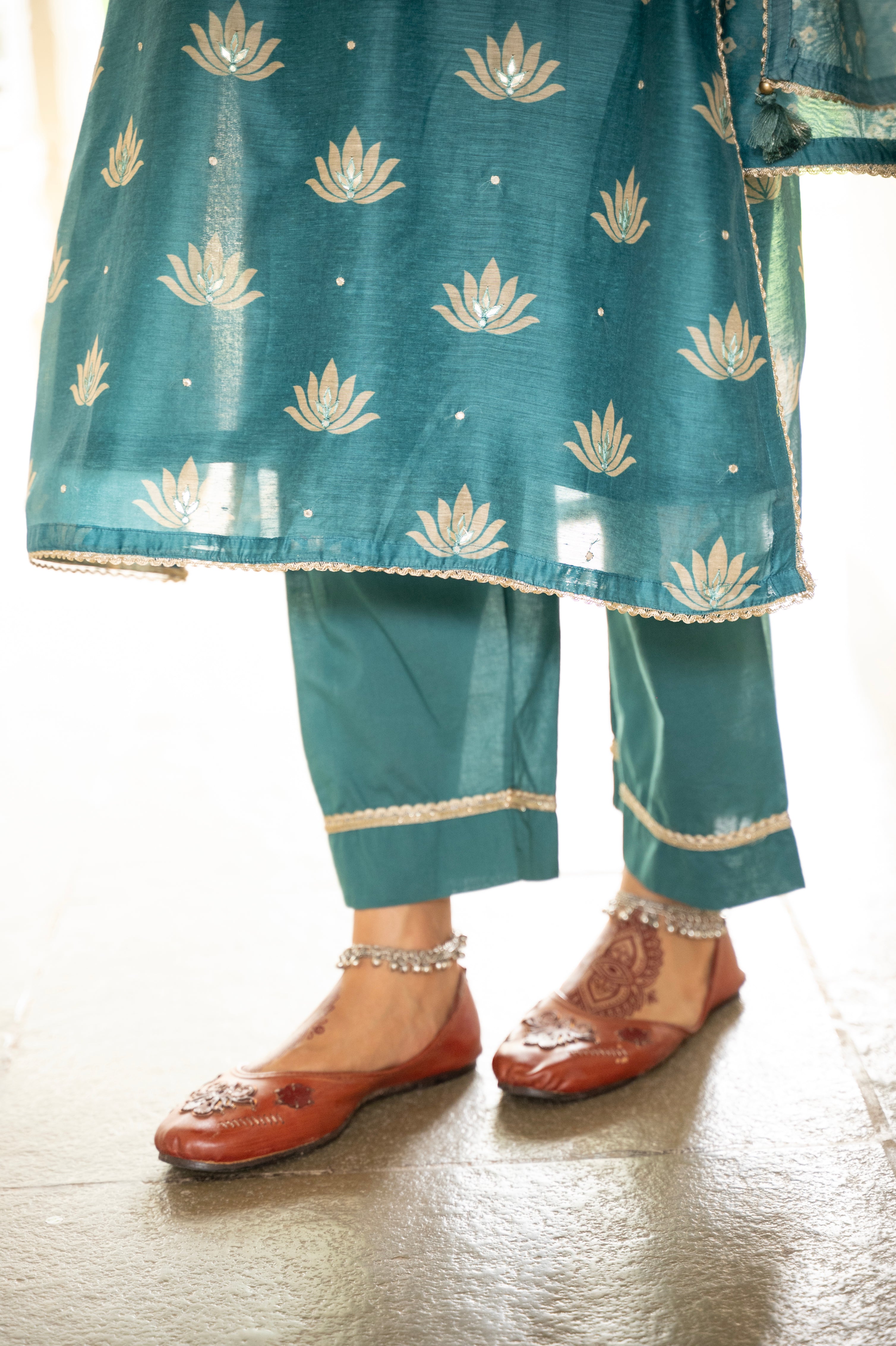 Teal Blue Embellished Chanderi Silk Pant Set
