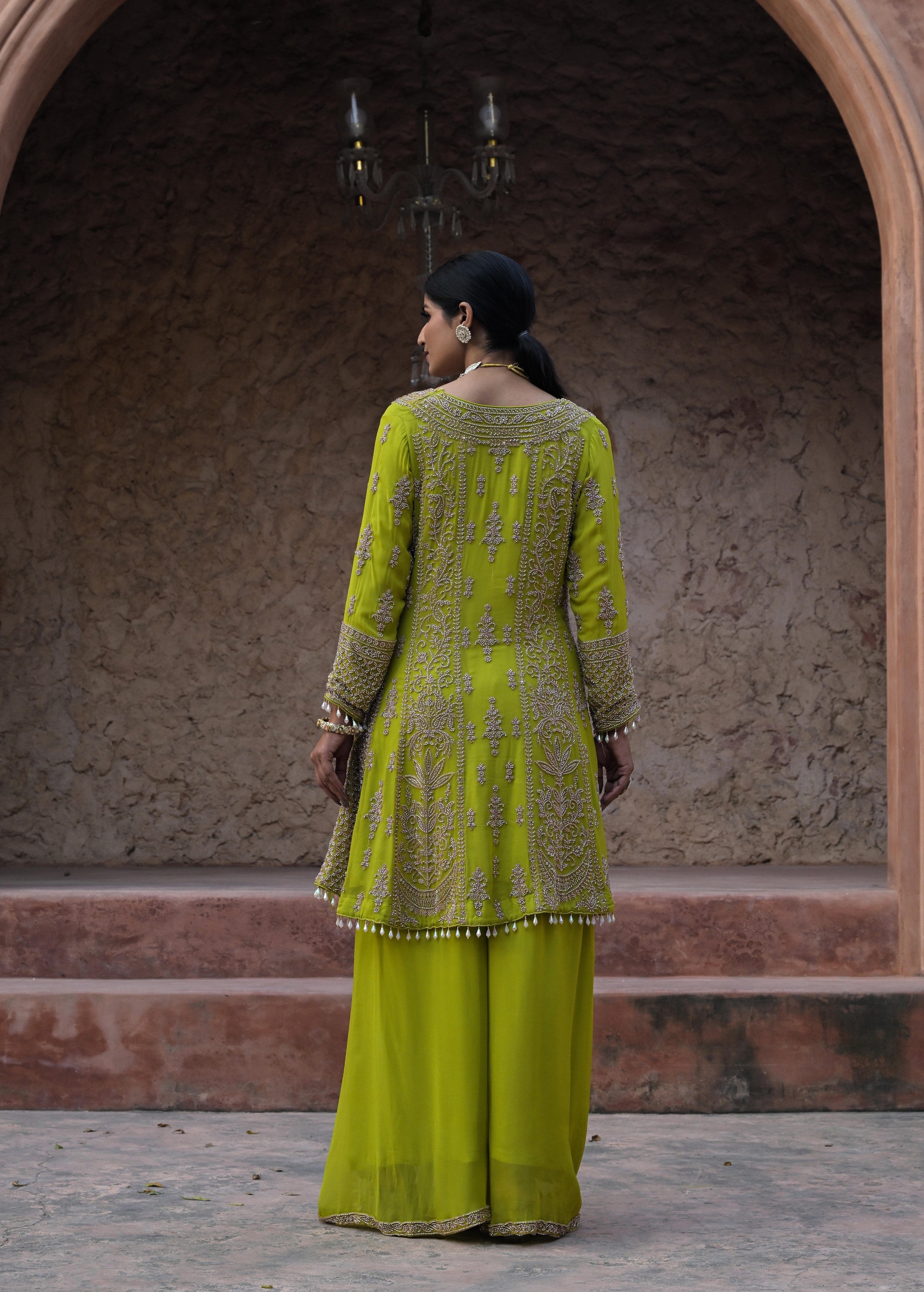 Lime Green Embellished Georgette Silk Palazzo Set
