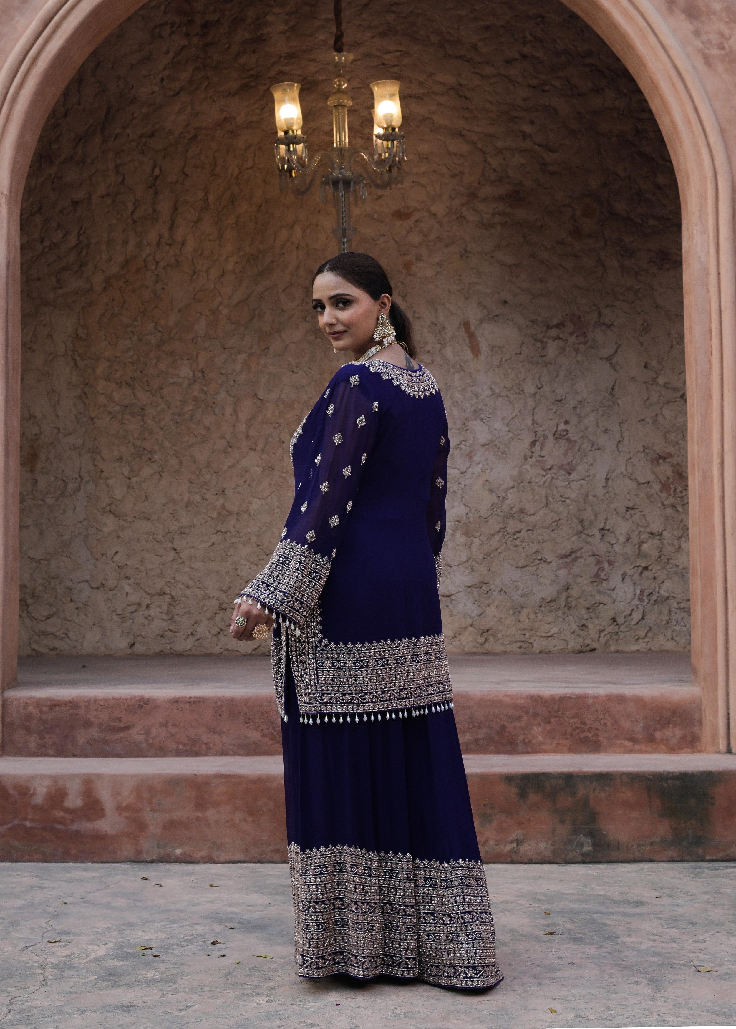 Rich Navy Embellished Georgette Silk Palazzo Set