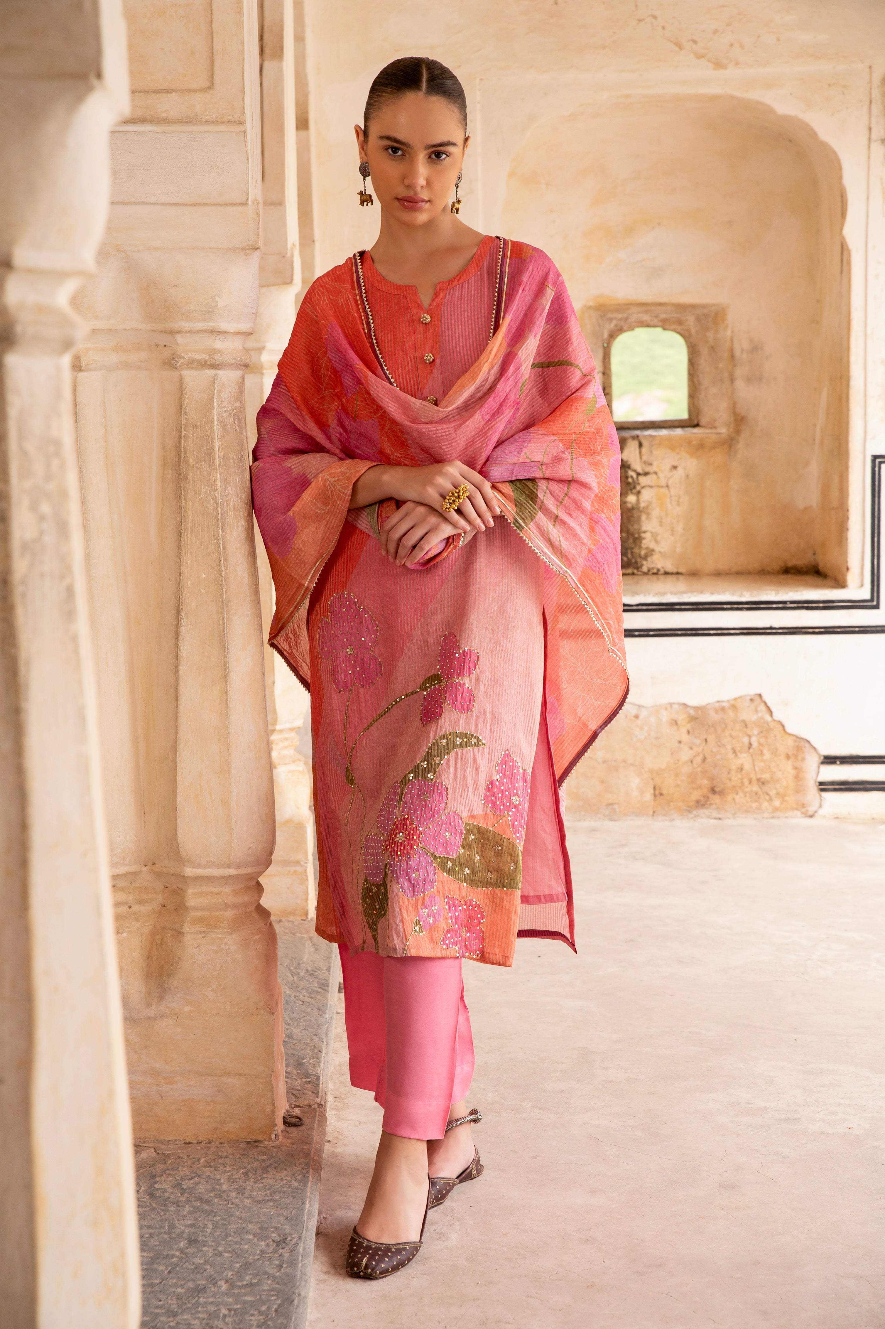 Light Pink Embellished Premium Silk Pant Set