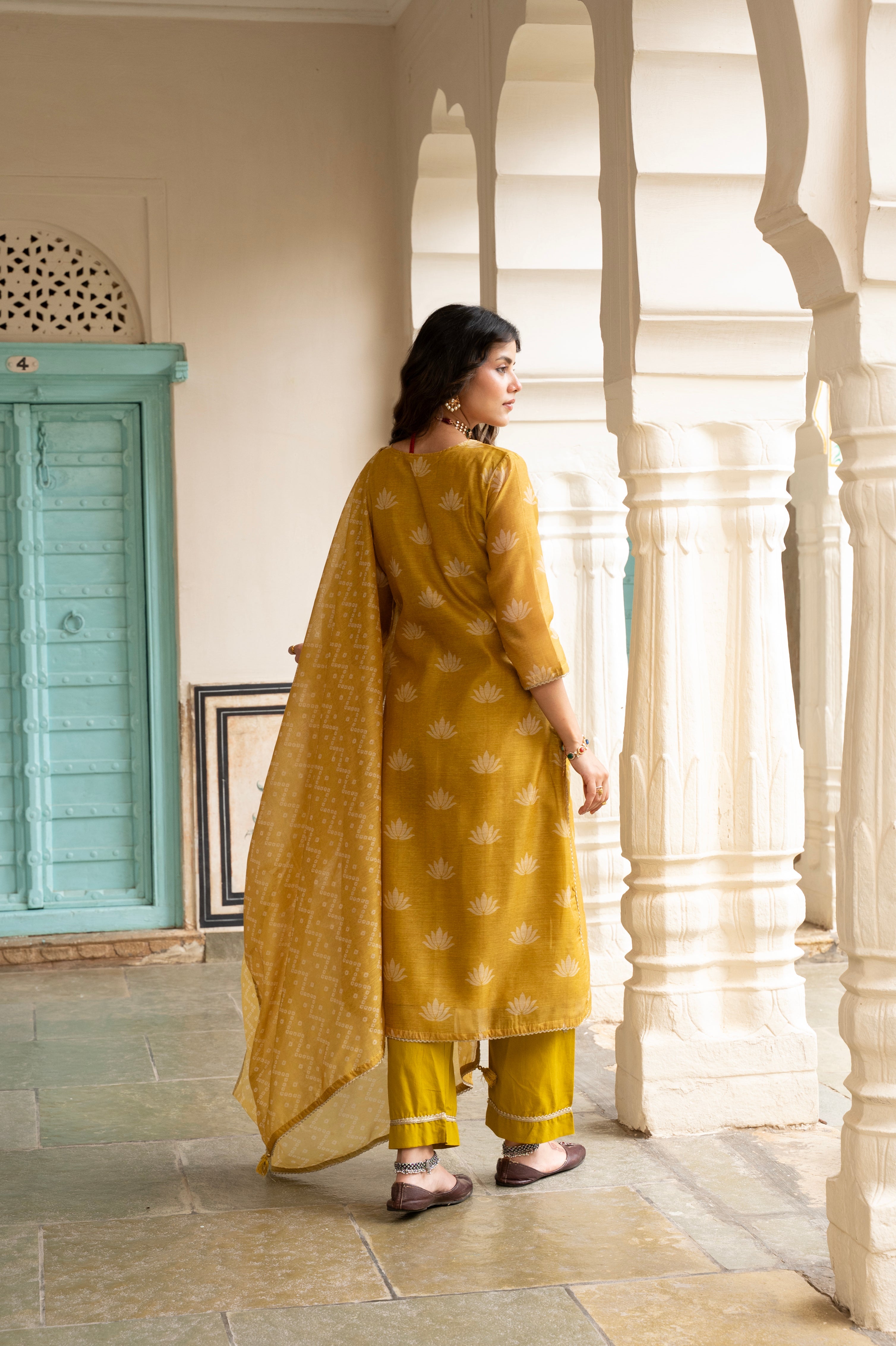 Mustard Embellished Chanderi Silk Pant Set
