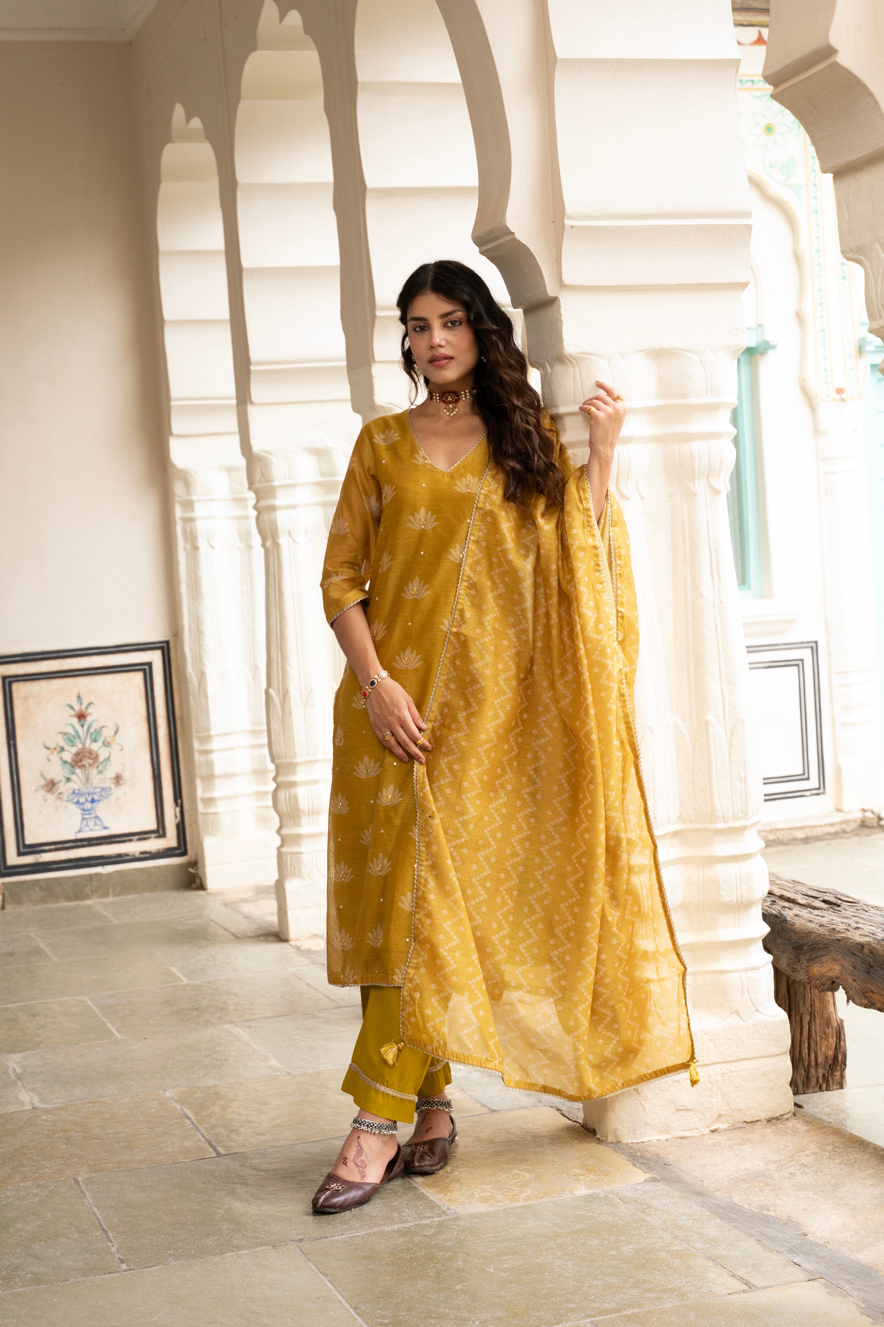 Mustard Embellished Chanderi Silk Pant Set