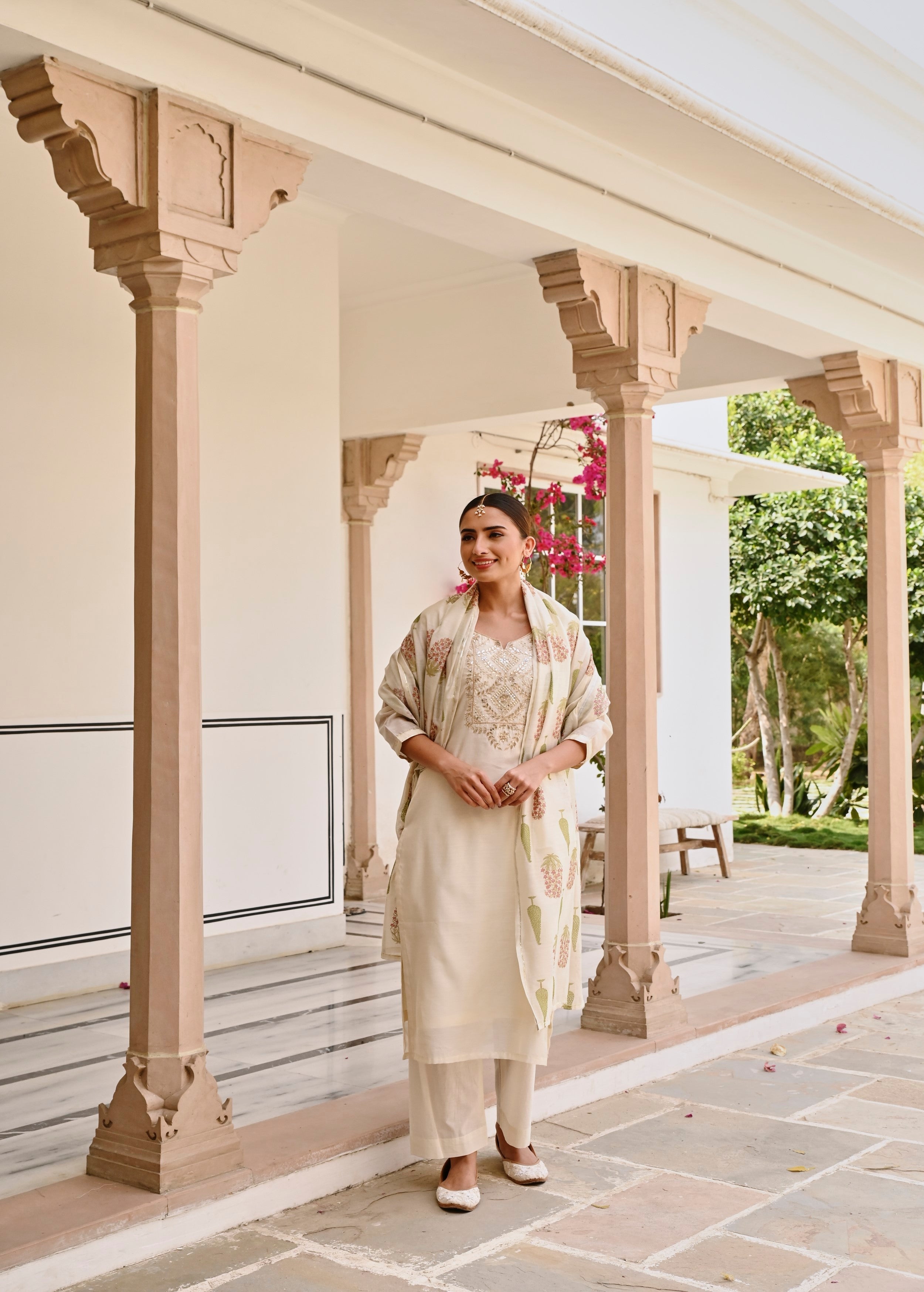 Cream Embroidered Chanderi Silk Pant Set