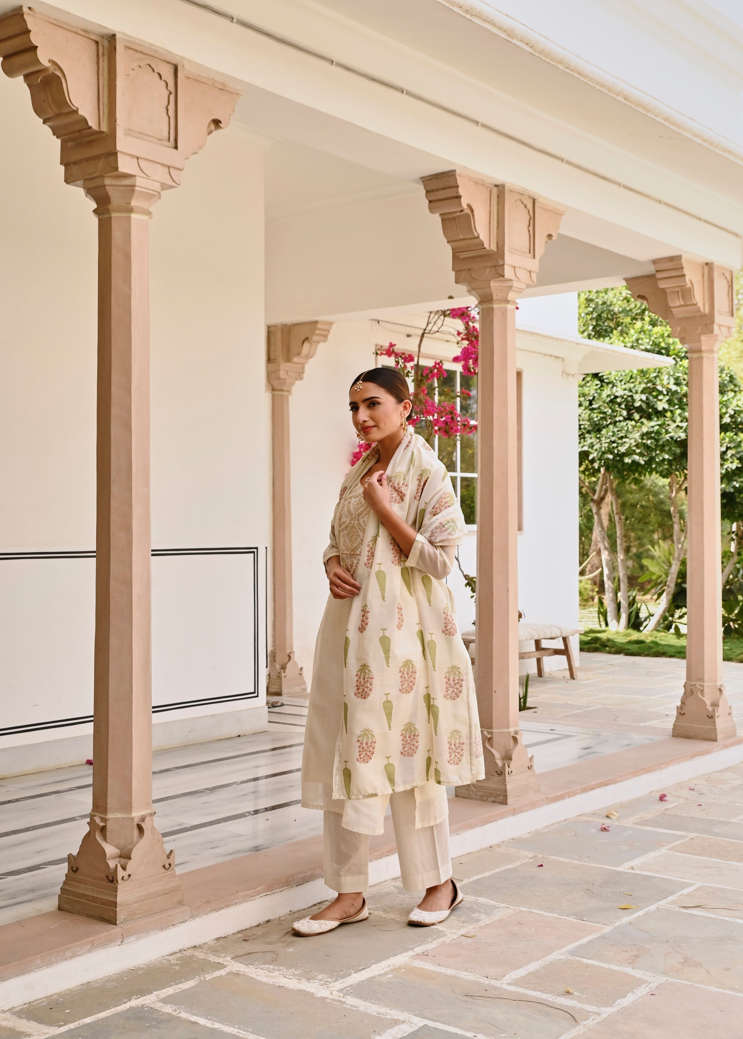 Cream Embroidered Chanderi Silk Pant Set