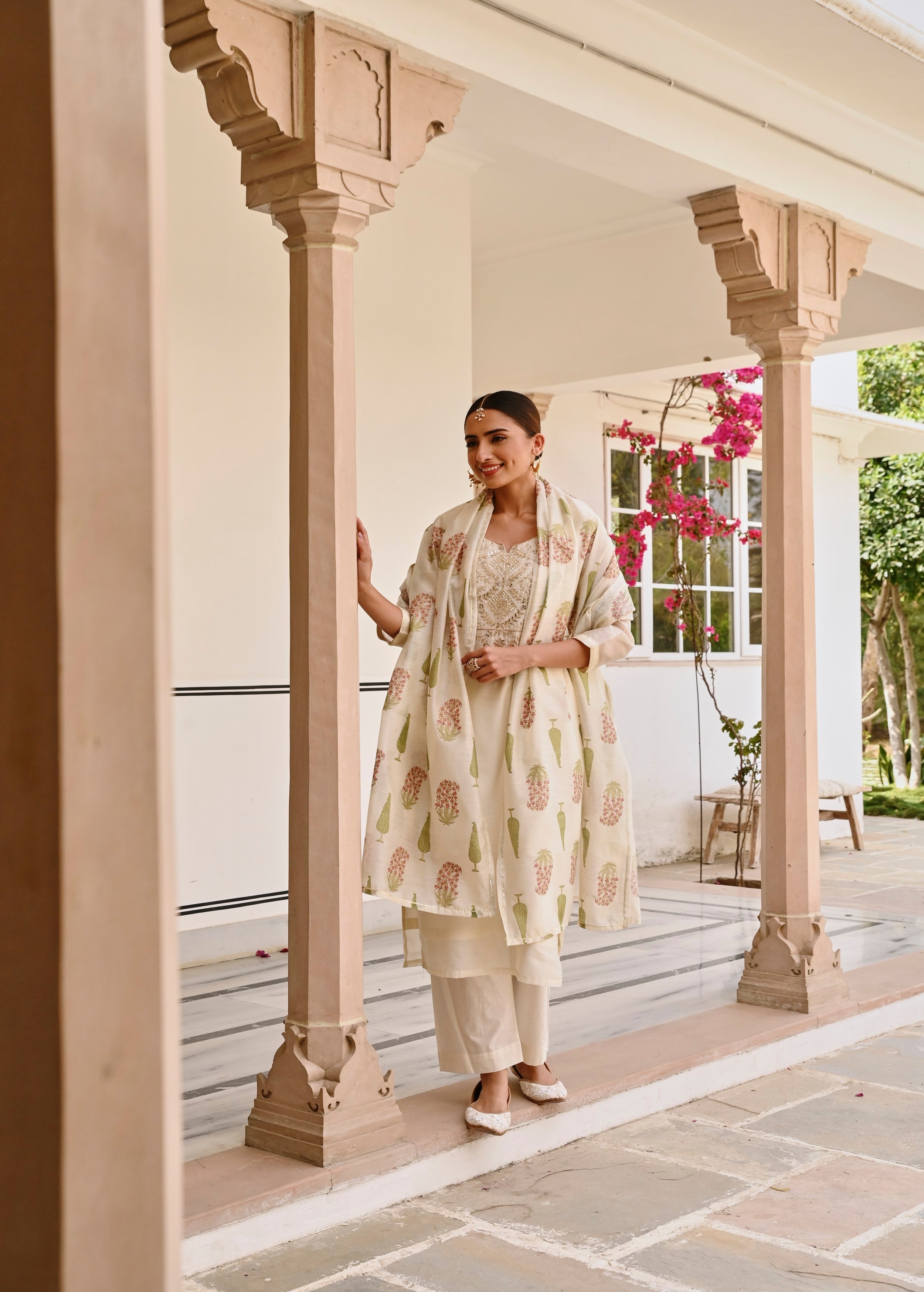 Cream Embroidered Chanderi Silk Pant Set