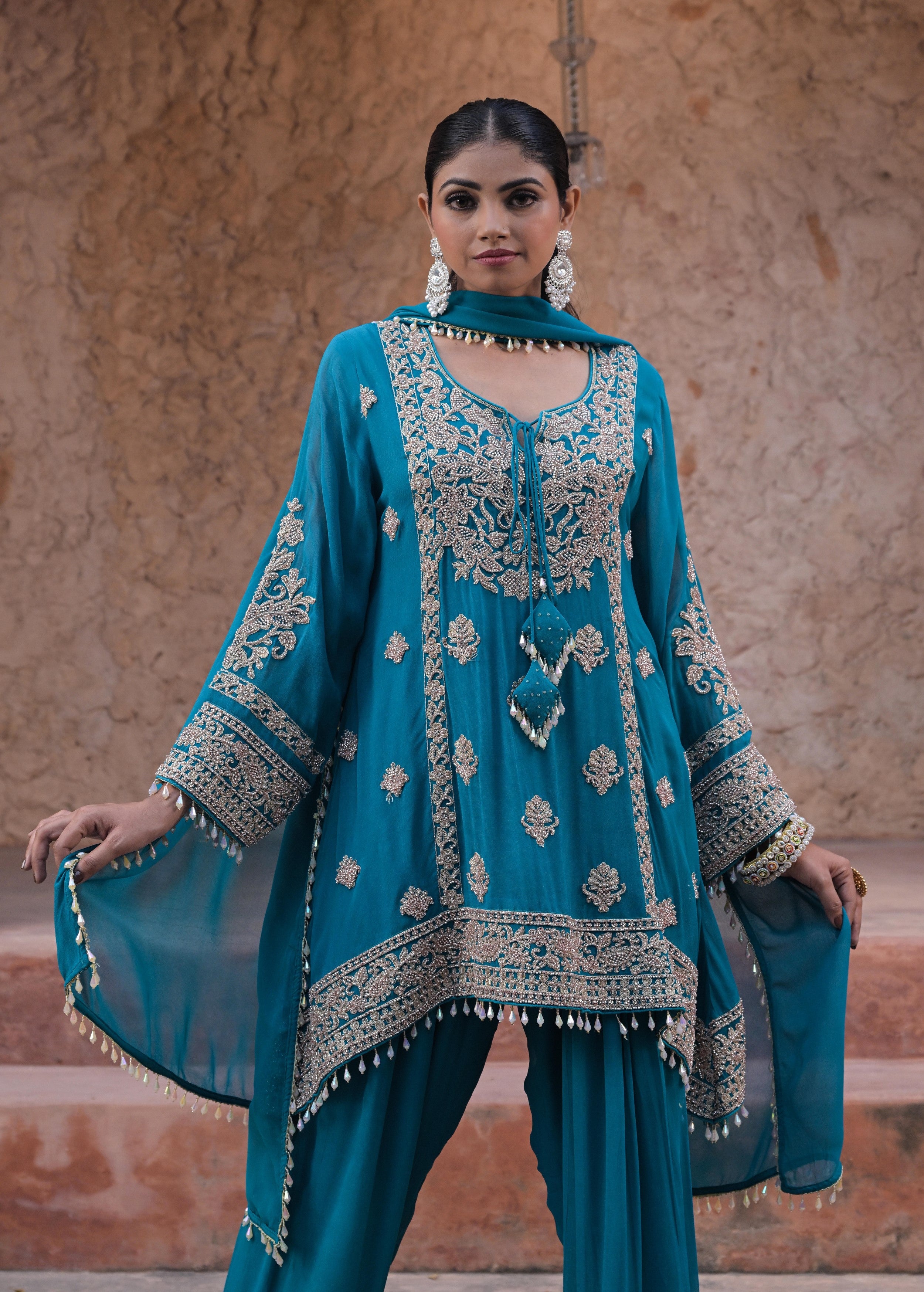 Aqua Blue Embellished Georgette Silk Pant Set