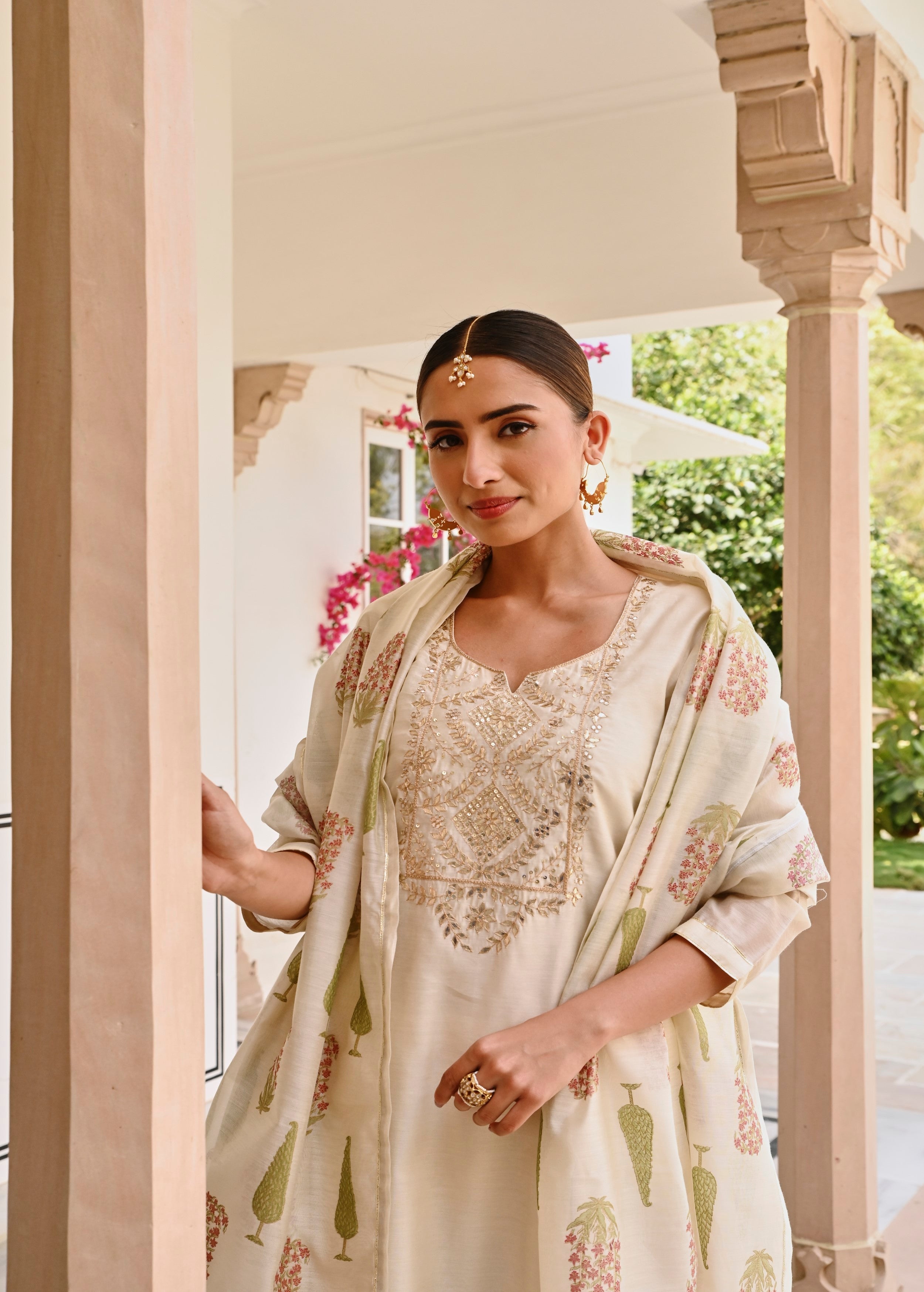 Cream Embroidered Chanderi Silk Pant Set