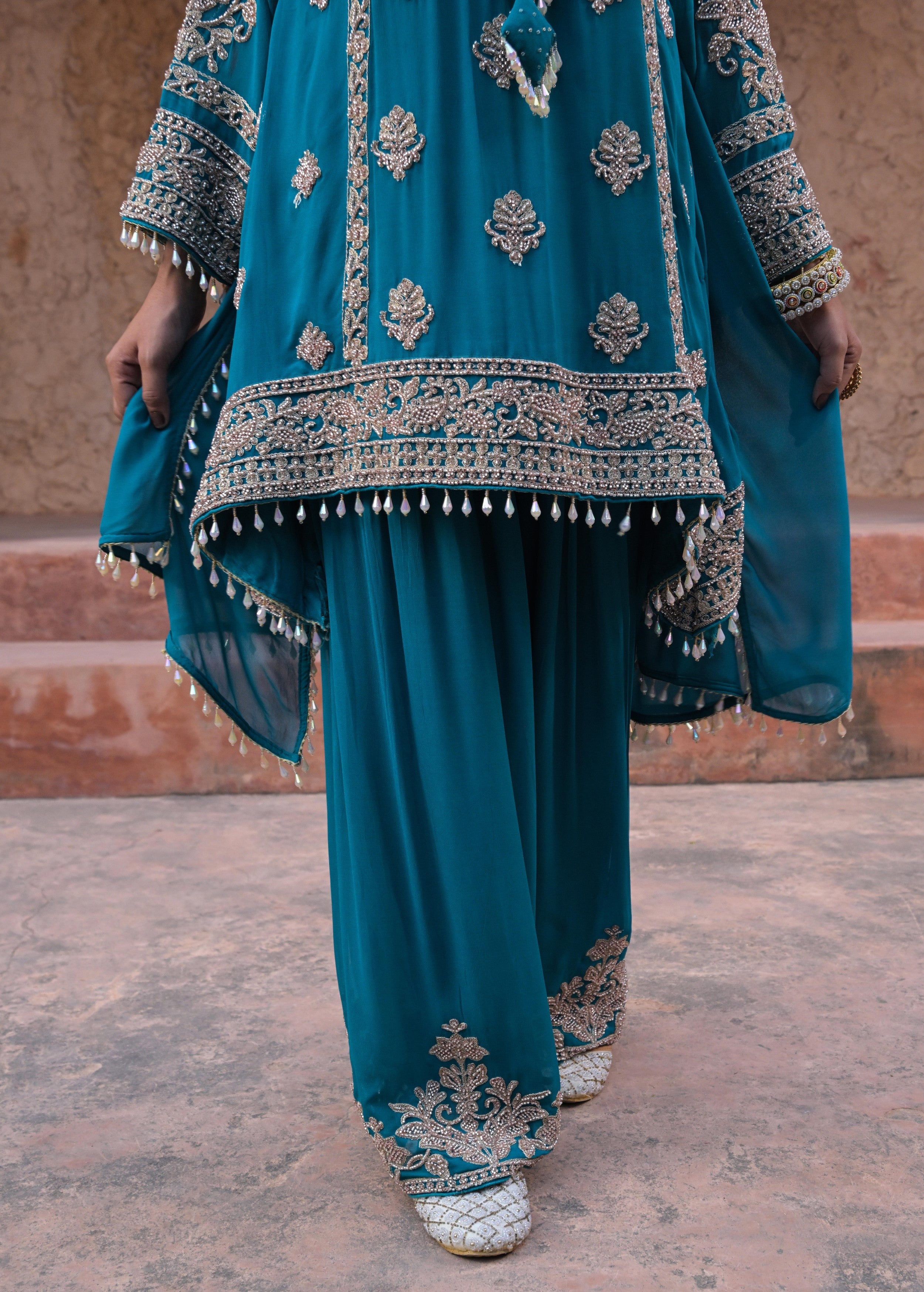 Aqua Blue Embellished Georgette Silk Pant Set