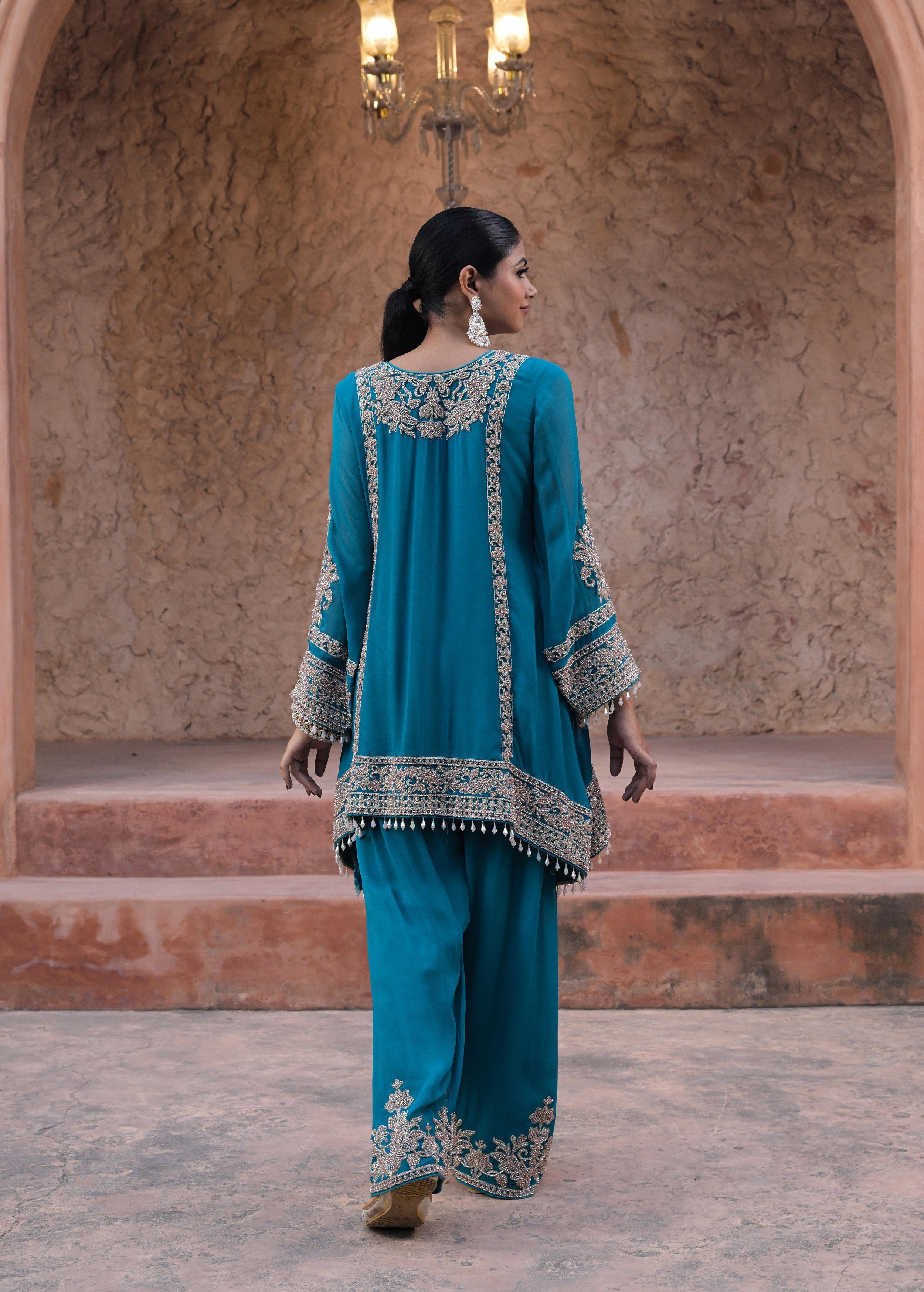 Aqua Blue Embellished Georgette Silk Pant Set