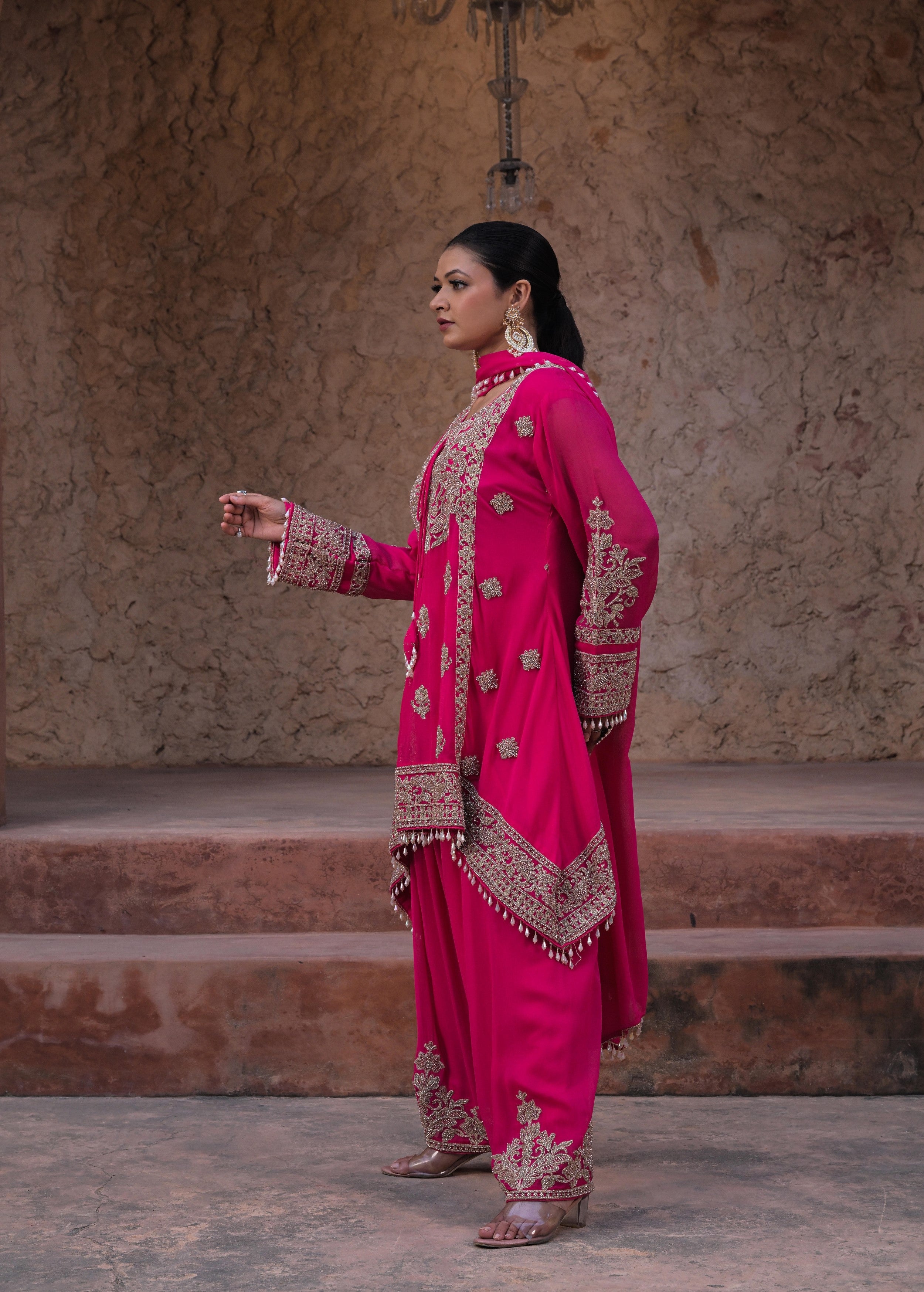 Berry Pink Embellished Georgette Silk Pant Set