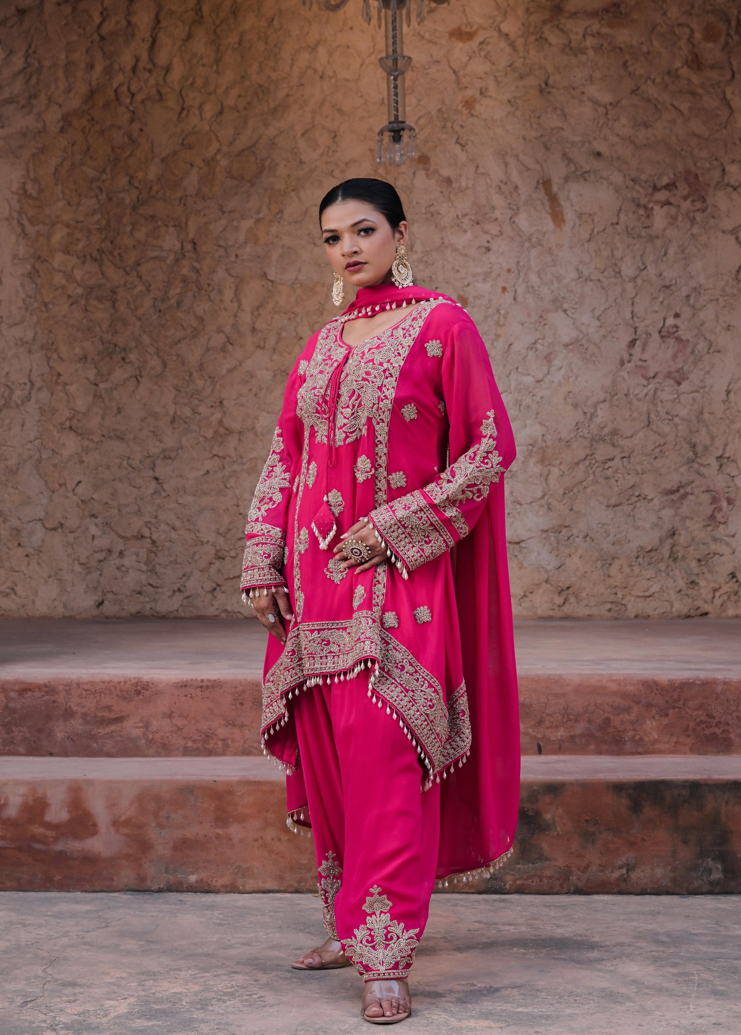 Berry Pink Embellished Georgette Silk Pant Set