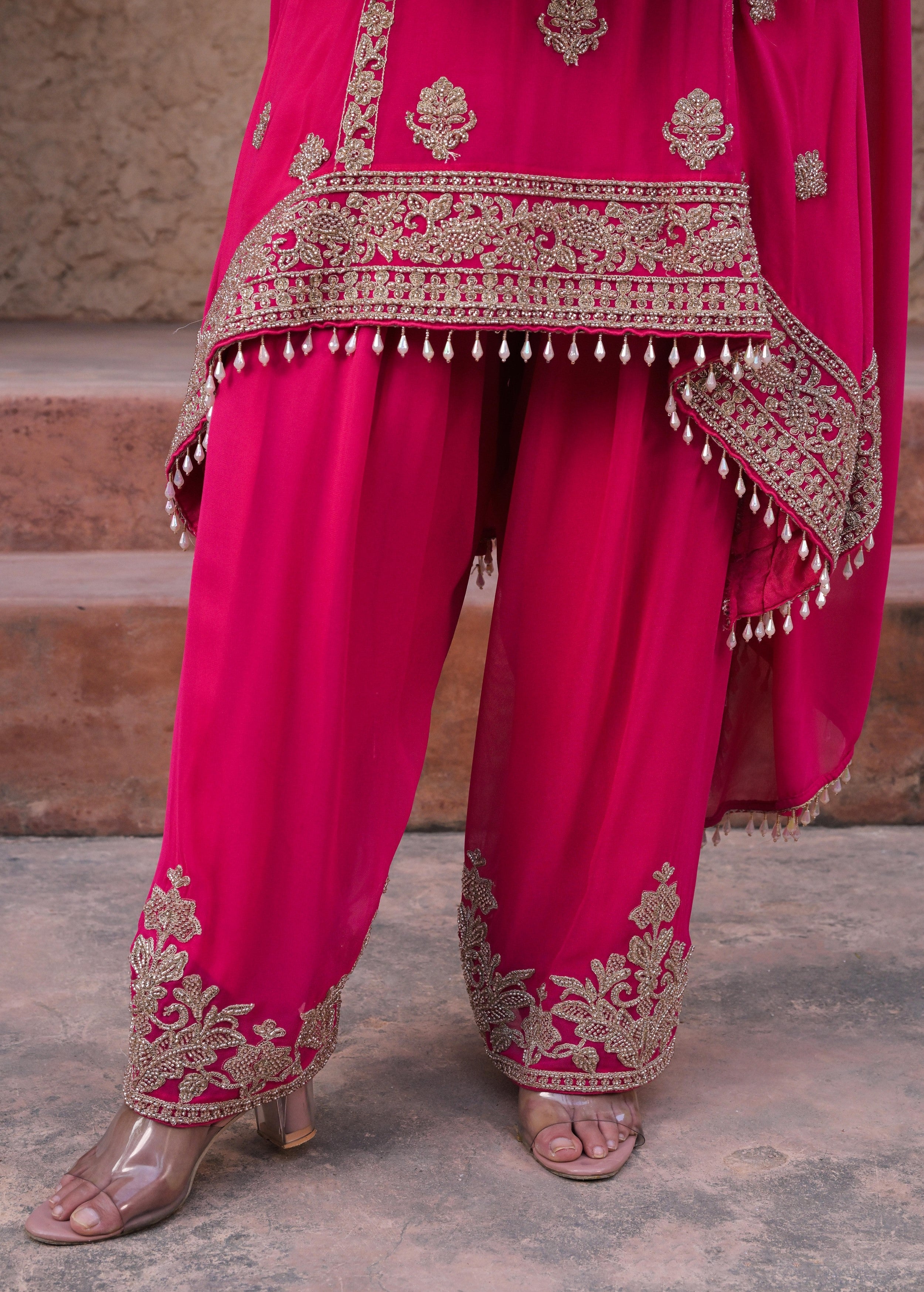 Berry Pink Embellished Georgette Silk Pant Set
